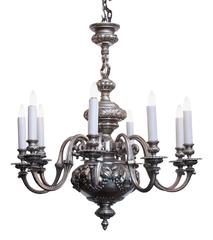 1920s English Silvered Bronze 9 Light Chandelier Laurels and Fruit