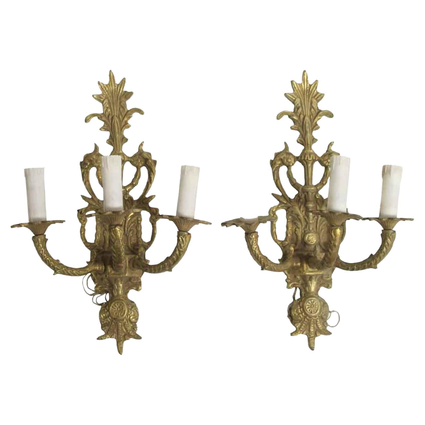 1970s Pair French Cast Brass Wall Sconce 3 Arm Foliage For Sale