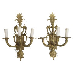 Vintage 1970s Pair French Cast Brass Wall Sconce 3 Arm Foliage