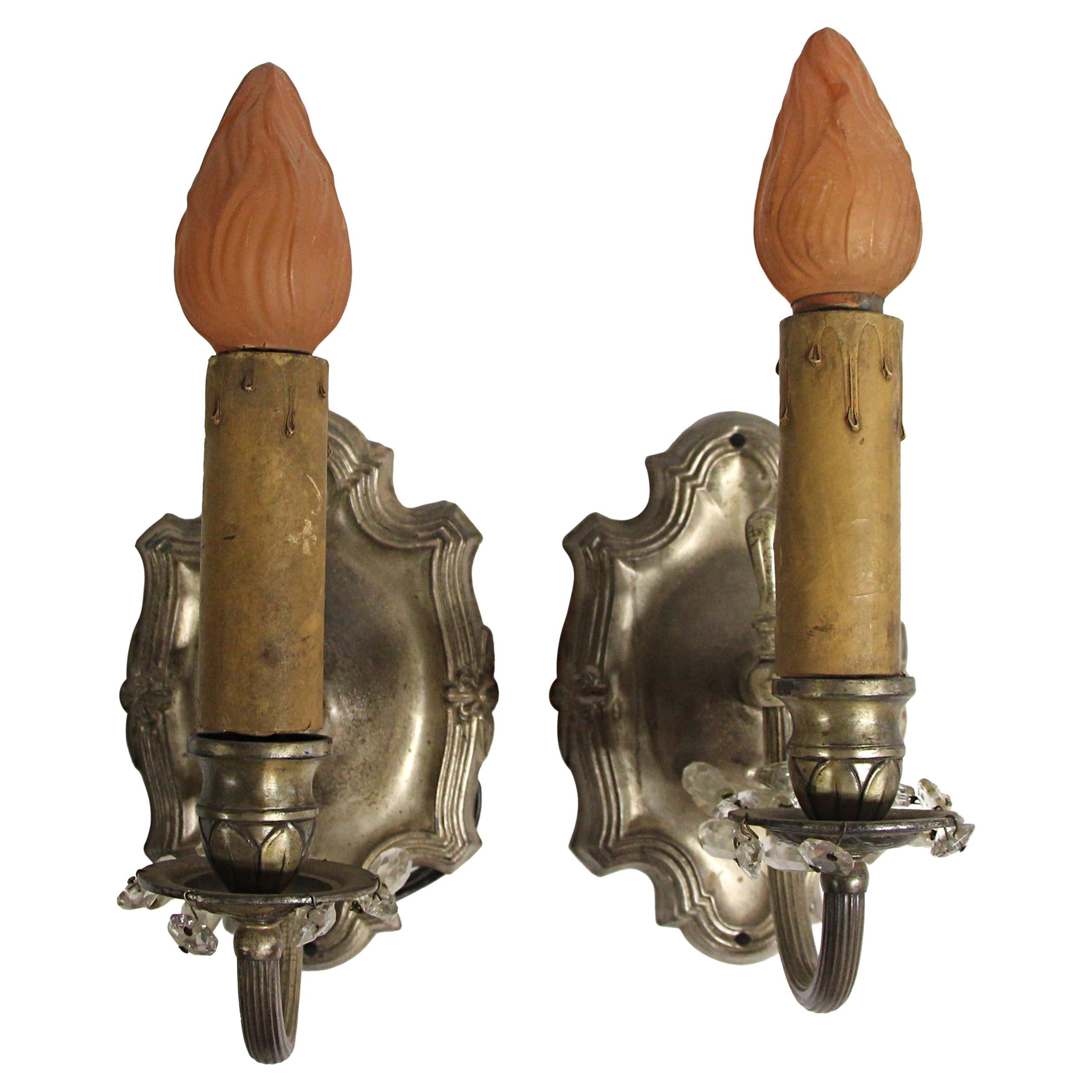 1920s Pair of Rococo Wall Sconces in Silver Finish Brass Single Light Each
