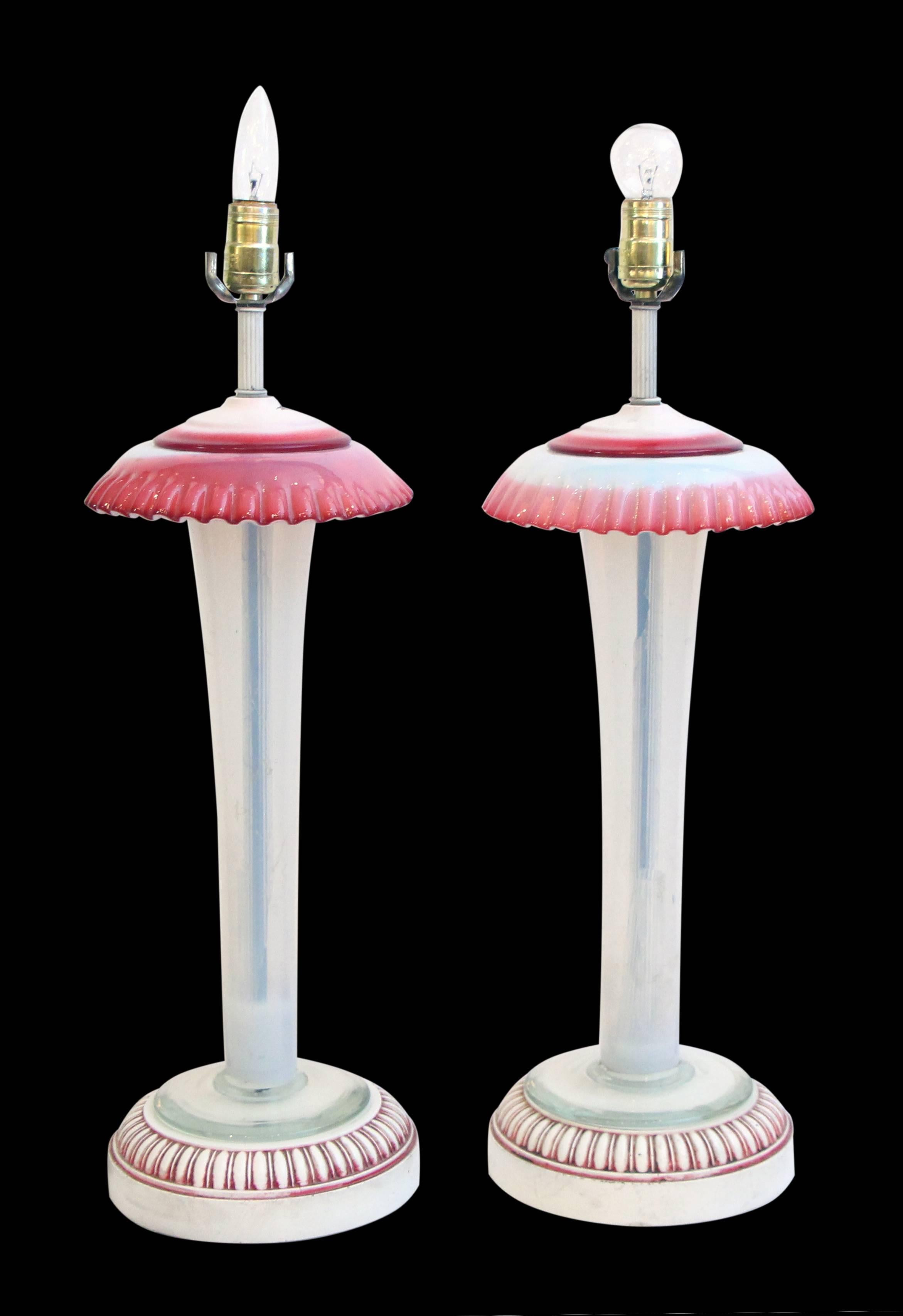 Murano white and red opaline glass table lamps. Priced as a pair.