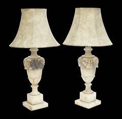 1930s French Pair of Neoclassical Style Hand-Carved Alabaster Table Lamps