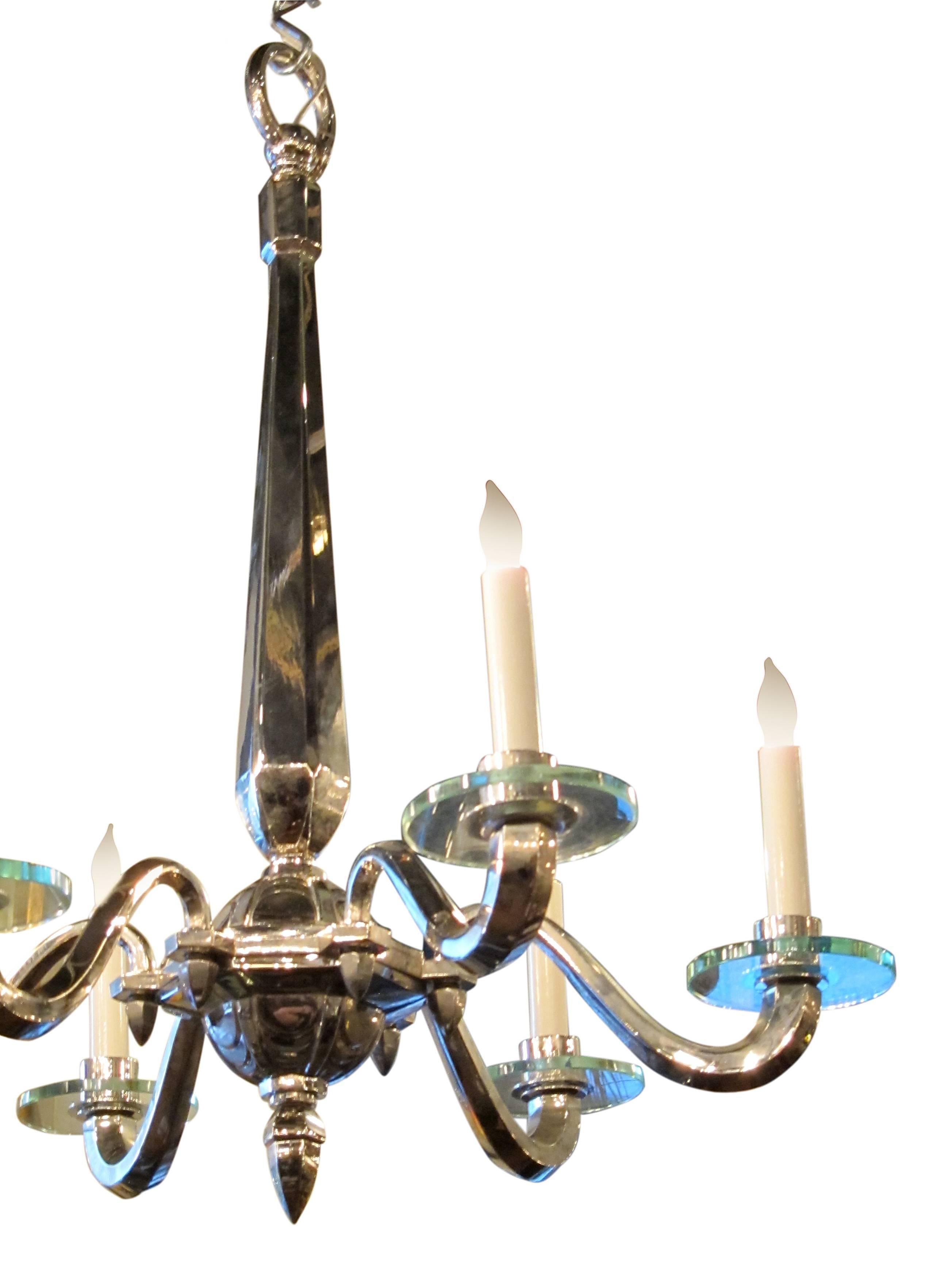 Contemporary 2000s French Art Deco 6 Arm Nickeled Bronze Chandelier For Sale