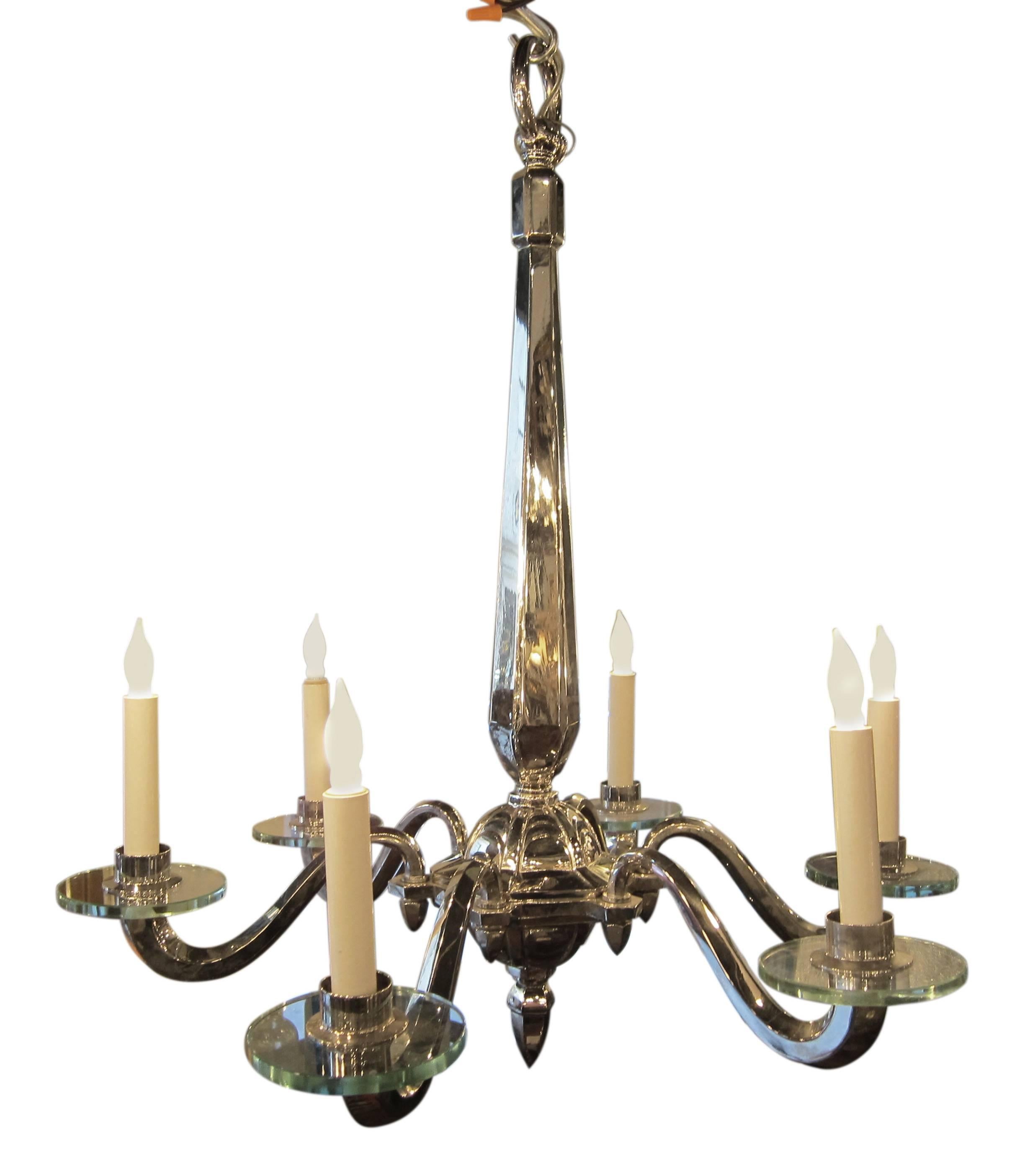 2000s French Art Deco style six-arm nickel plated bronze chandelier with glass bobeches. Cleaned and rewired. Please note, this item is located in one of our NYC locations.