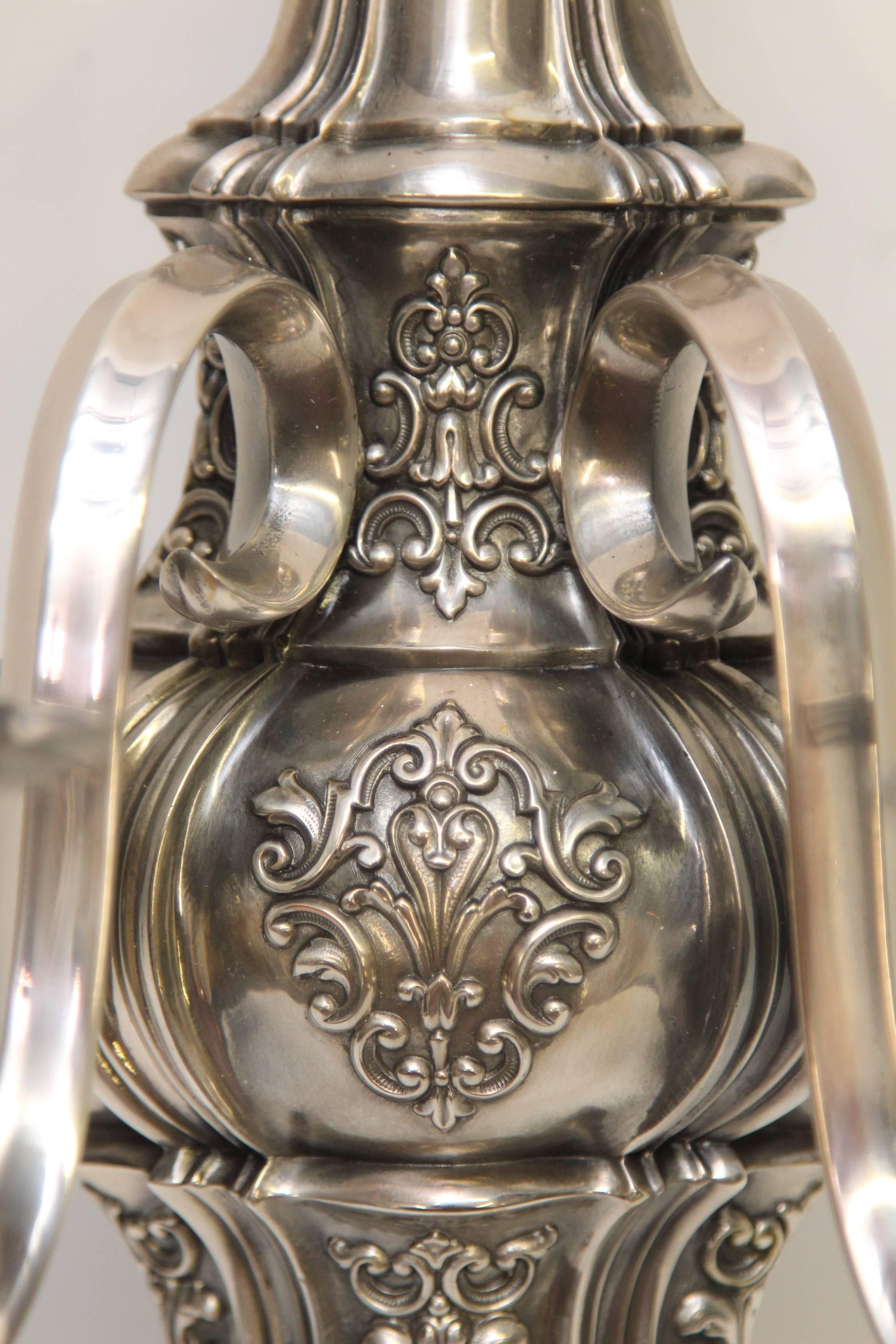 Plated 1920s Pair of Ornate Georgian EF Caldwell Two-Arm Silver over Bronze Sconces