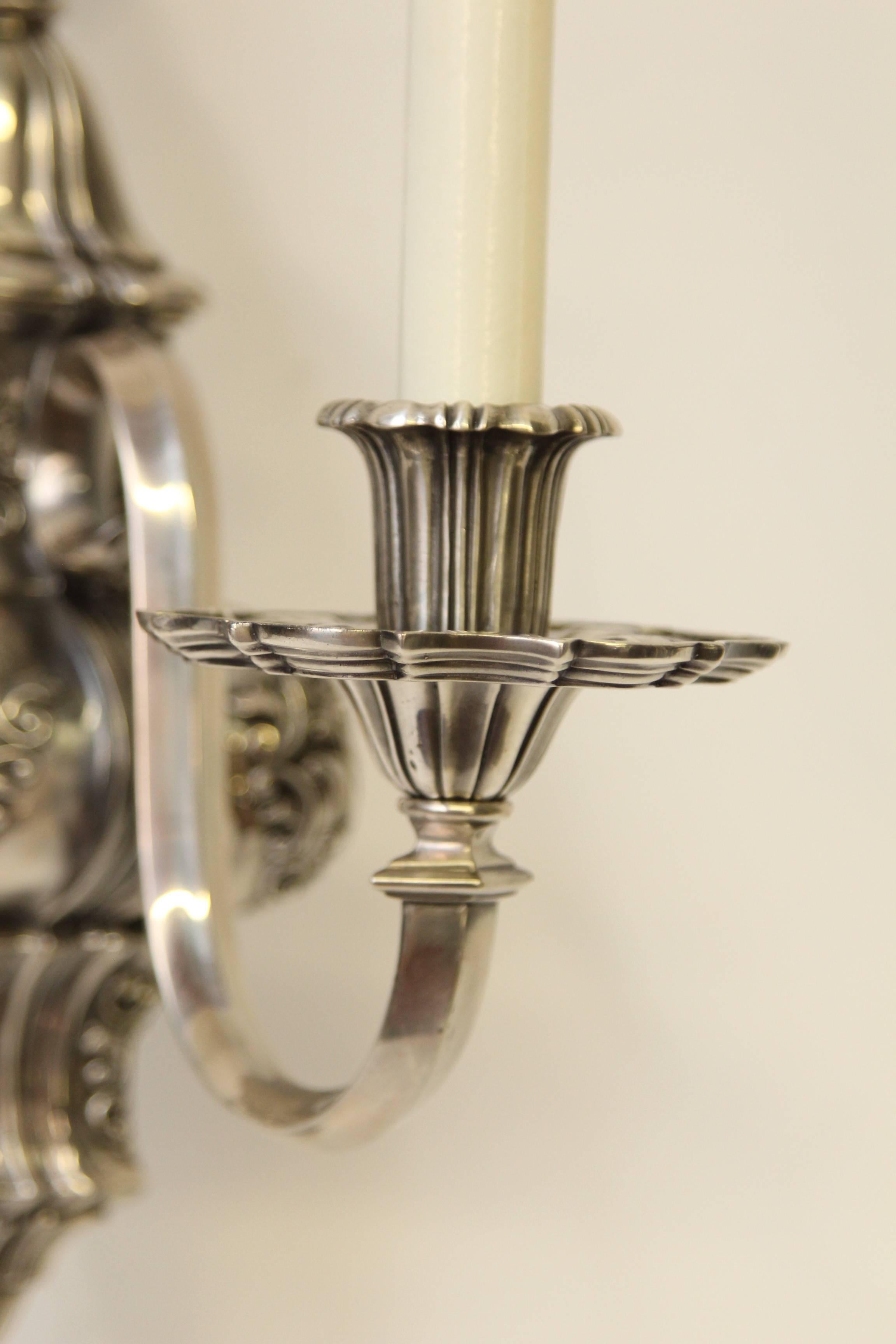 1920s Pair of Ornate Georgian EF Caldwell Two-Arm Silver over Bronze Sconces In Good Condition In New York, NY