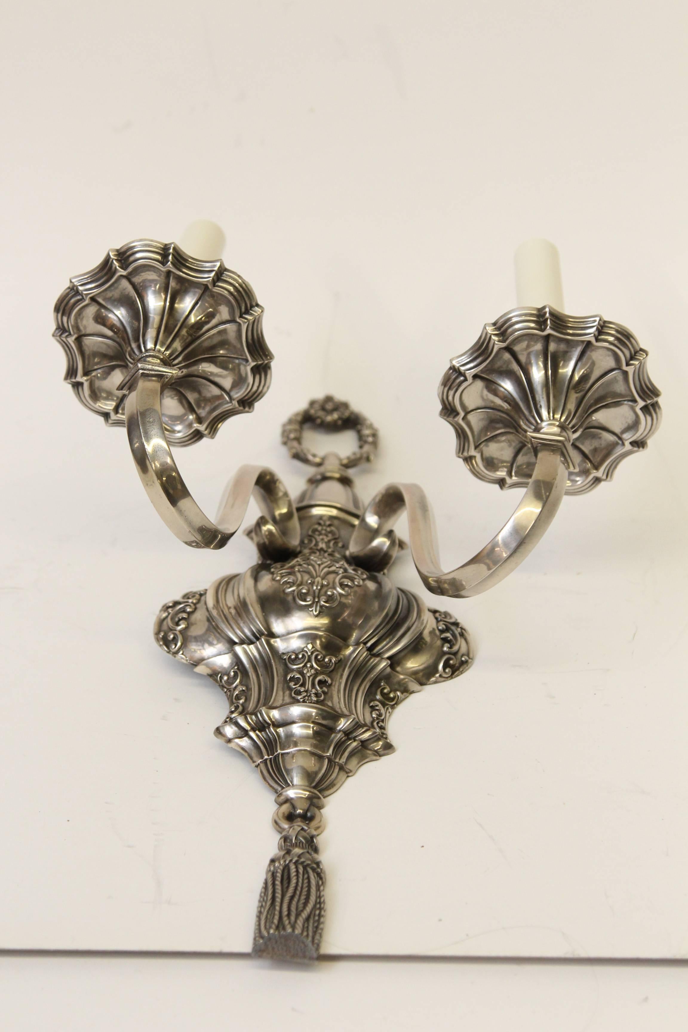 1920s Pair of Ornate Georgian EF Caldwell Two-Arm Silver over Bronze Sconces 3