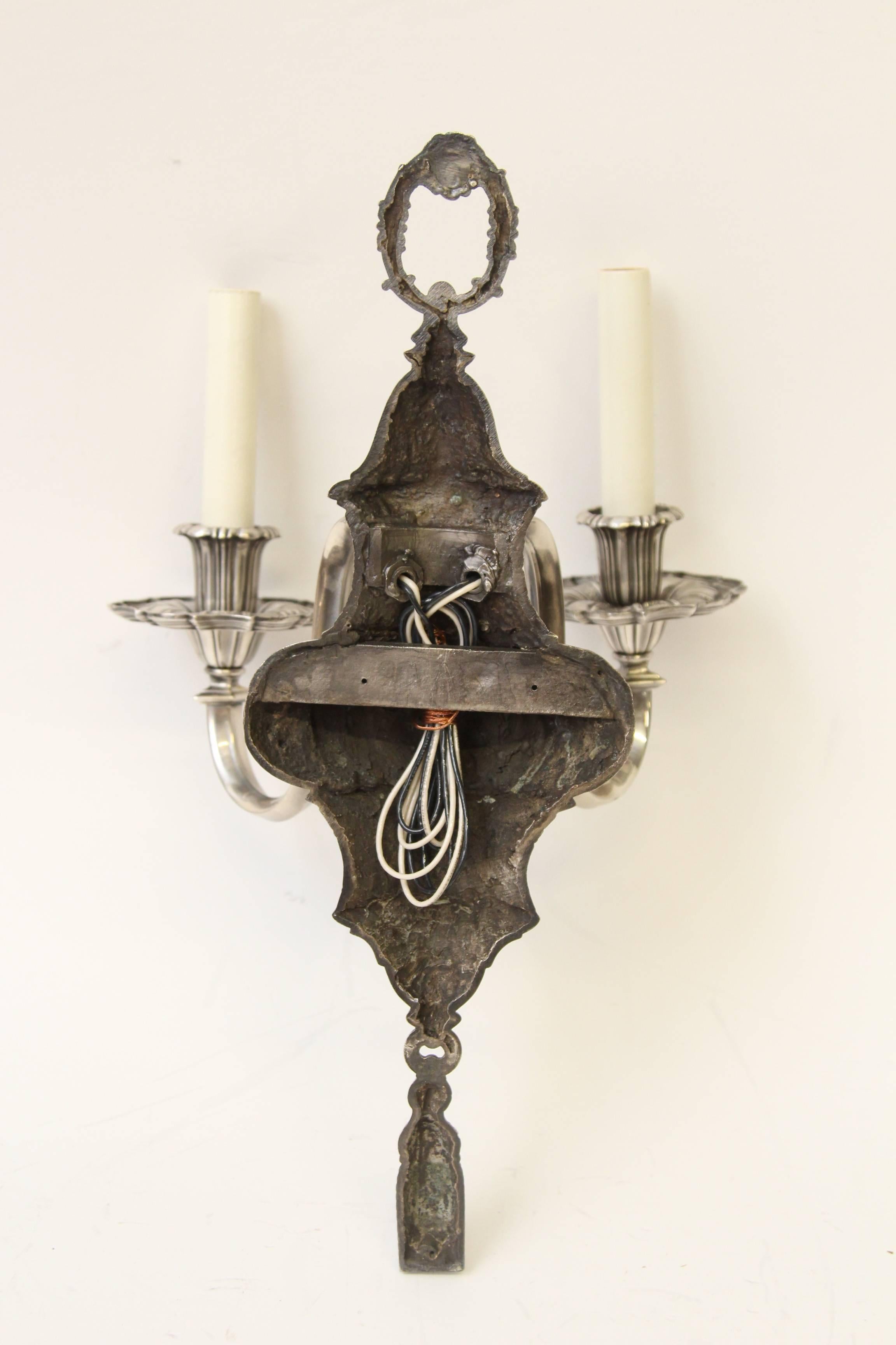 1920s Pair of Ornate Georgian EF Caldwell Two-Arm Silver over Bronze Sconces 4