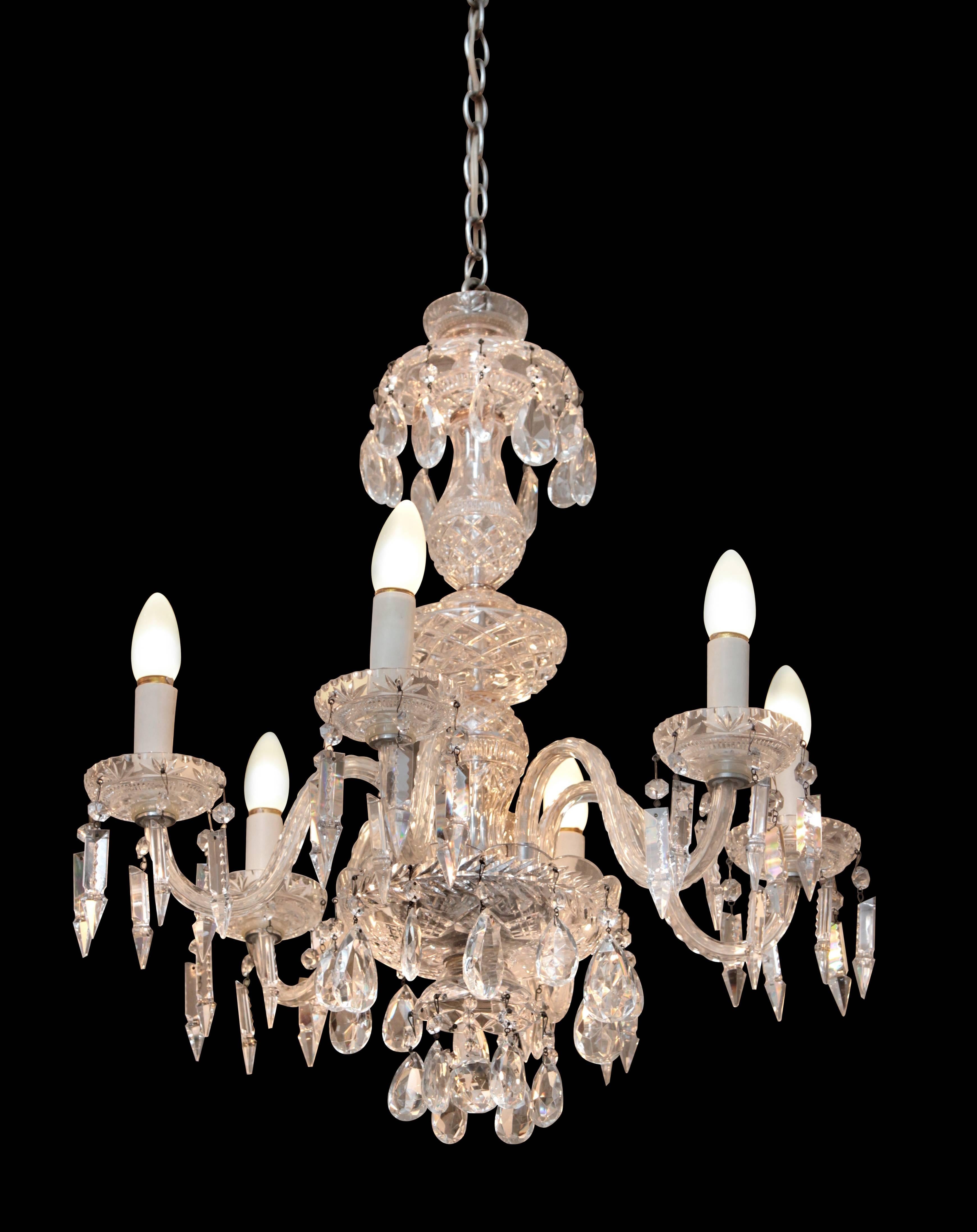 1940s six-light crystal chandelier with cut and etched crystals and body. Rewired. This item can be viewed at our 5 East 16th St location on Union Square.