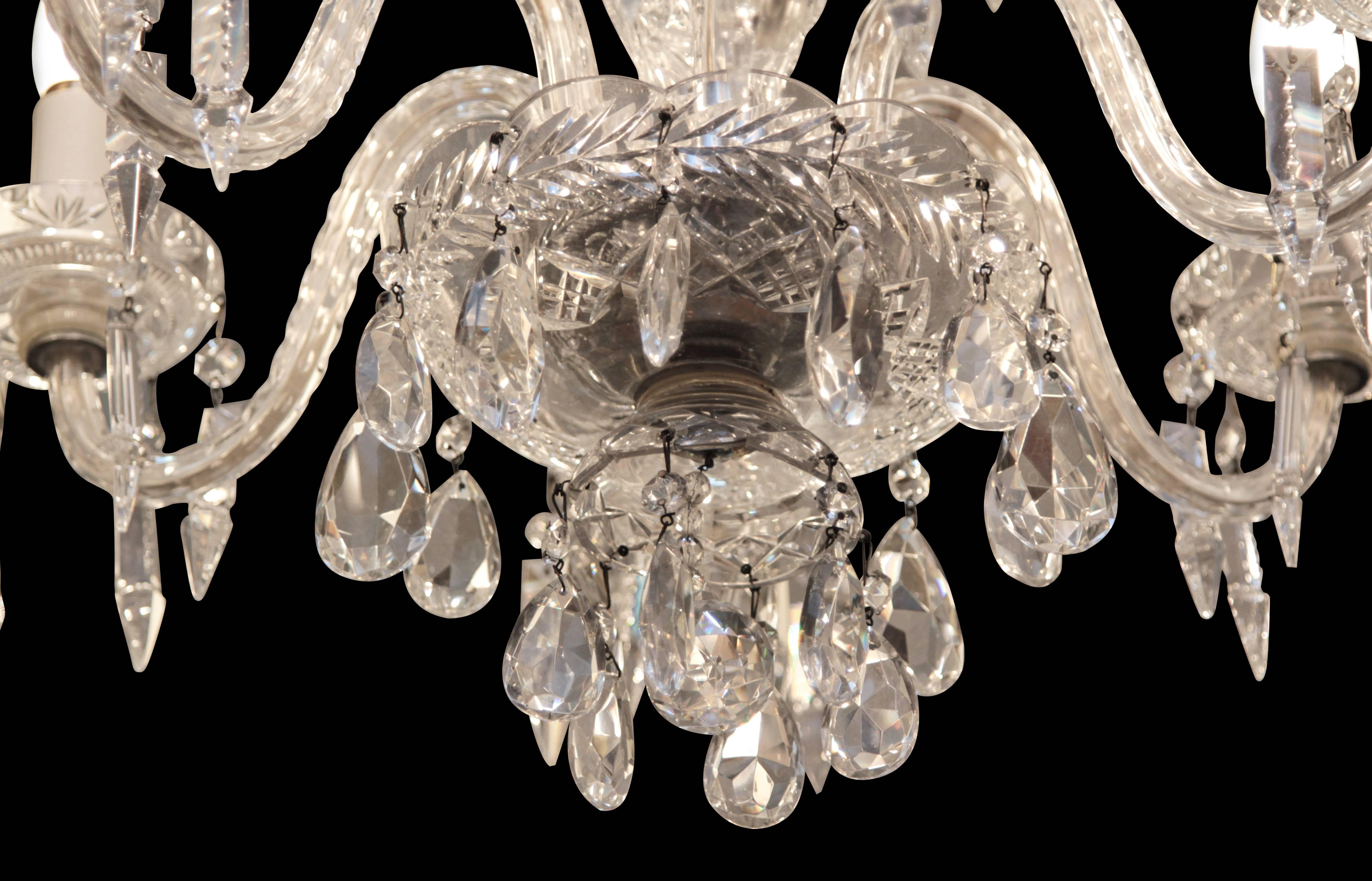 1940s Six-Light Crystal Chandelier with Cut and Etched Crystals In Excellent Condition In New York, NY
