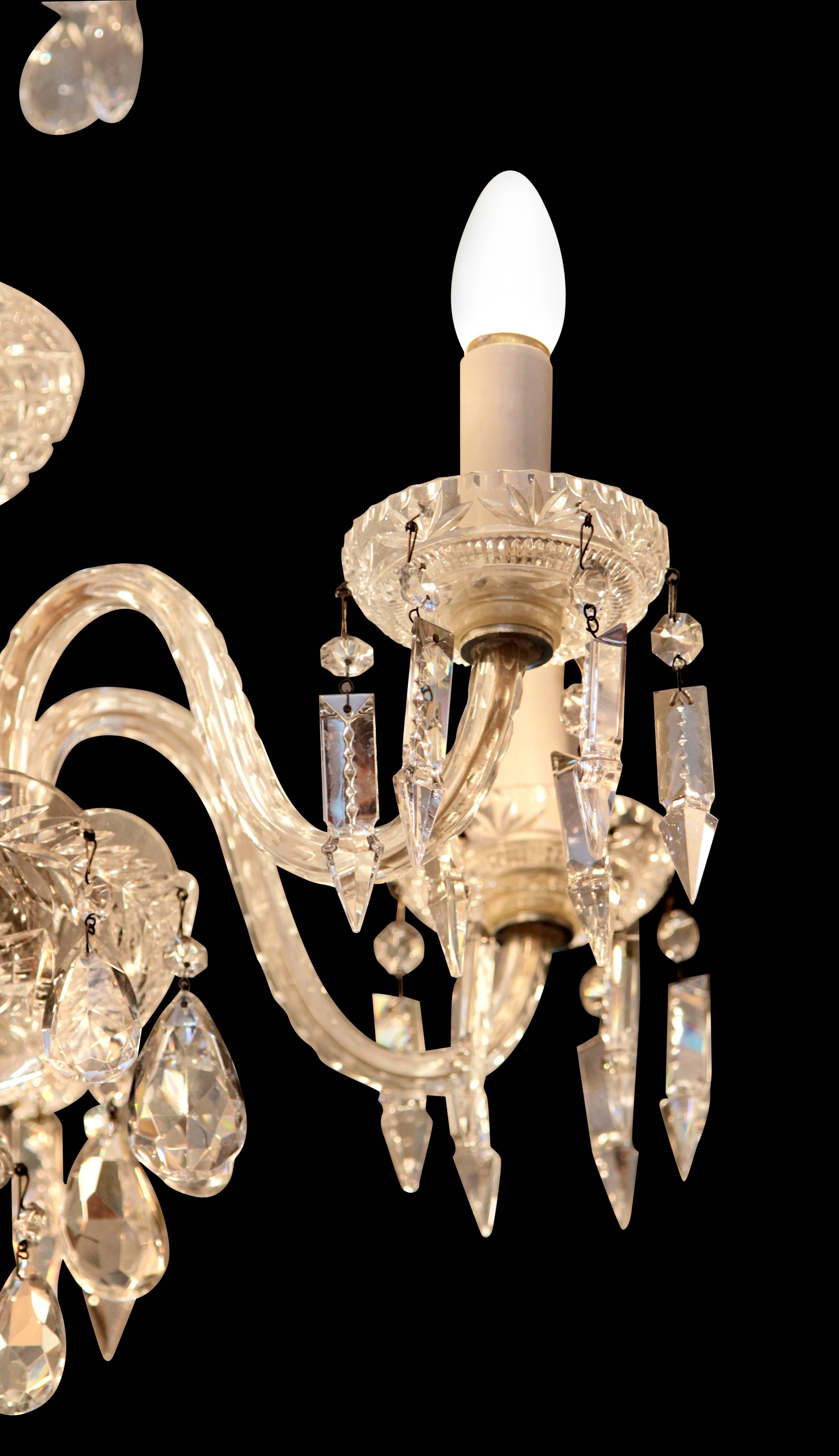 American 1940s Six-Light Crystal Chandelier with Cut and Etched Crystals