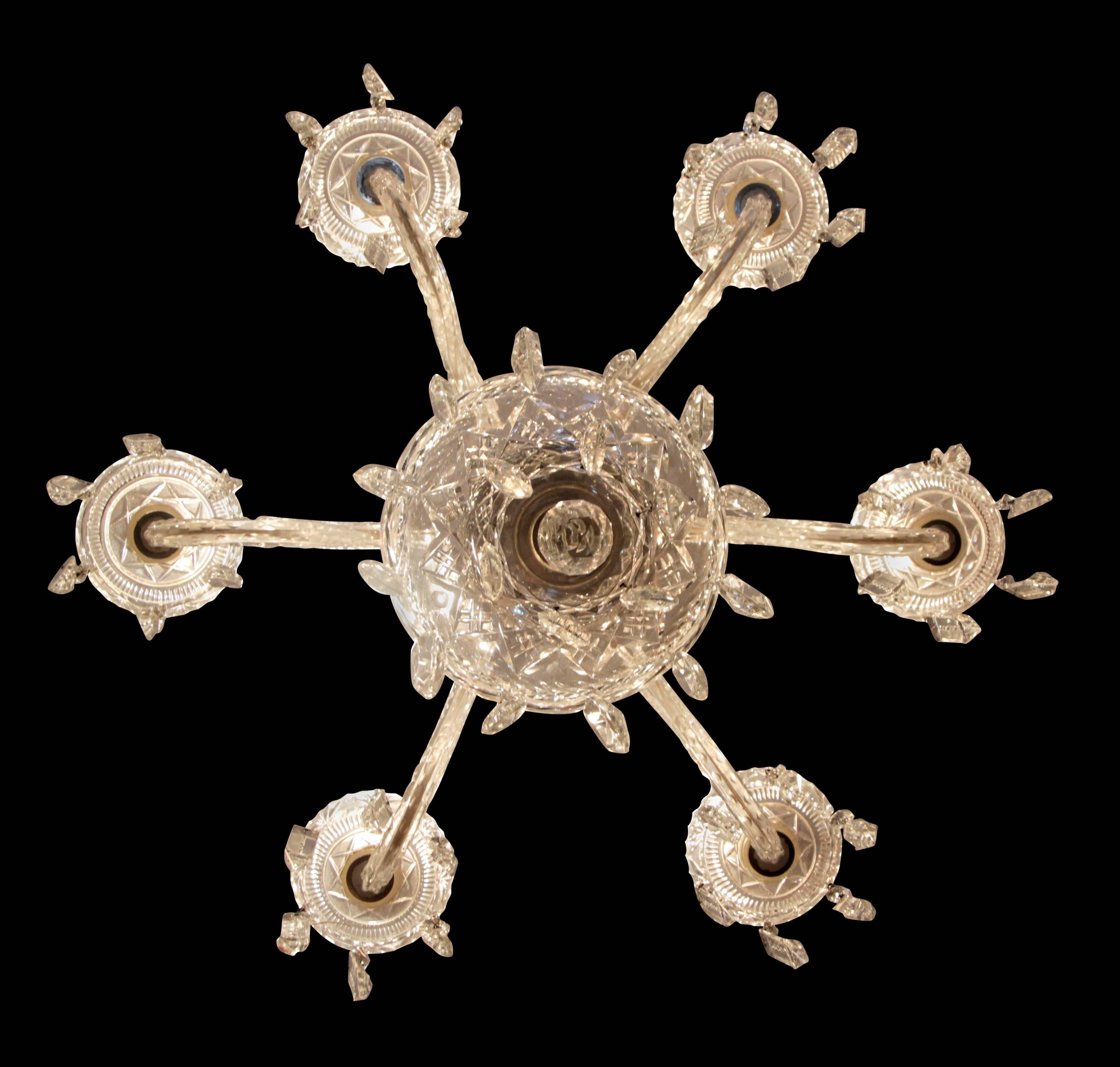 Mid-20th Century 1940s Six-Light Crystal Chandelier with Cut and Etched Crystals