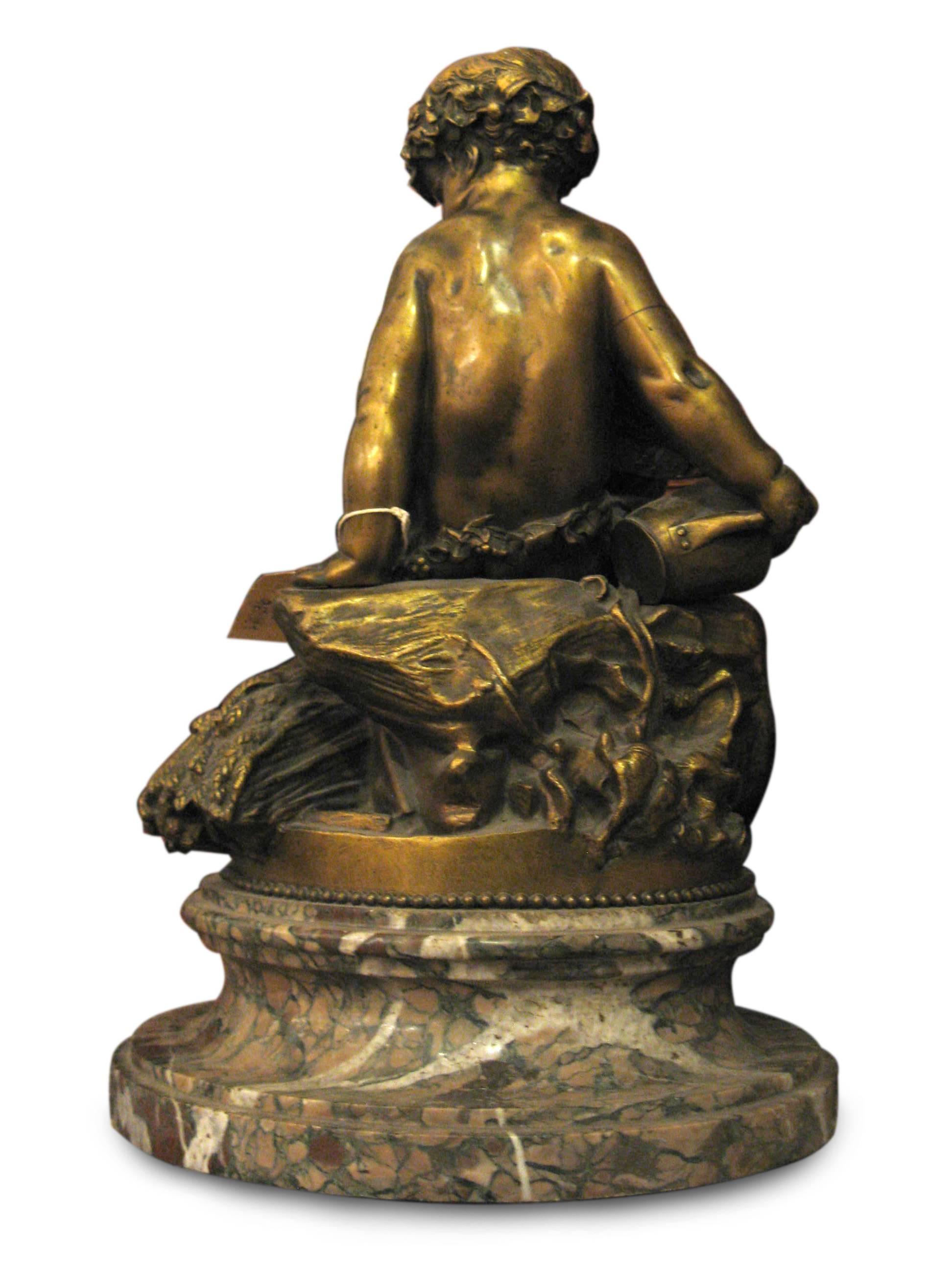 French 1850 Signed Pigalle Bronze Statue Marble Base 2 Sitting Putti For Sale