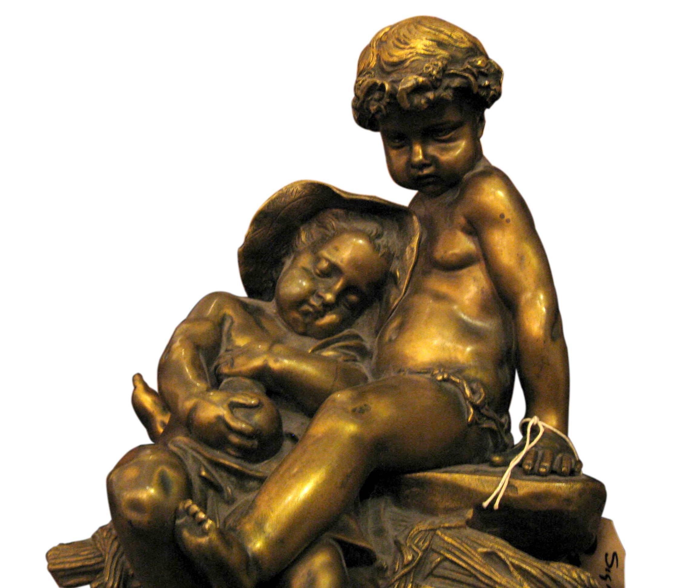 A rare brown patina bronze figural sculpture of two young putti sitting on a sheaf of wheat. Signed by Jean Marie Pigalle (1792-1857). Raised on rouge marble base, circa 1850. Please note, this item is located in one of our NYC locations.
