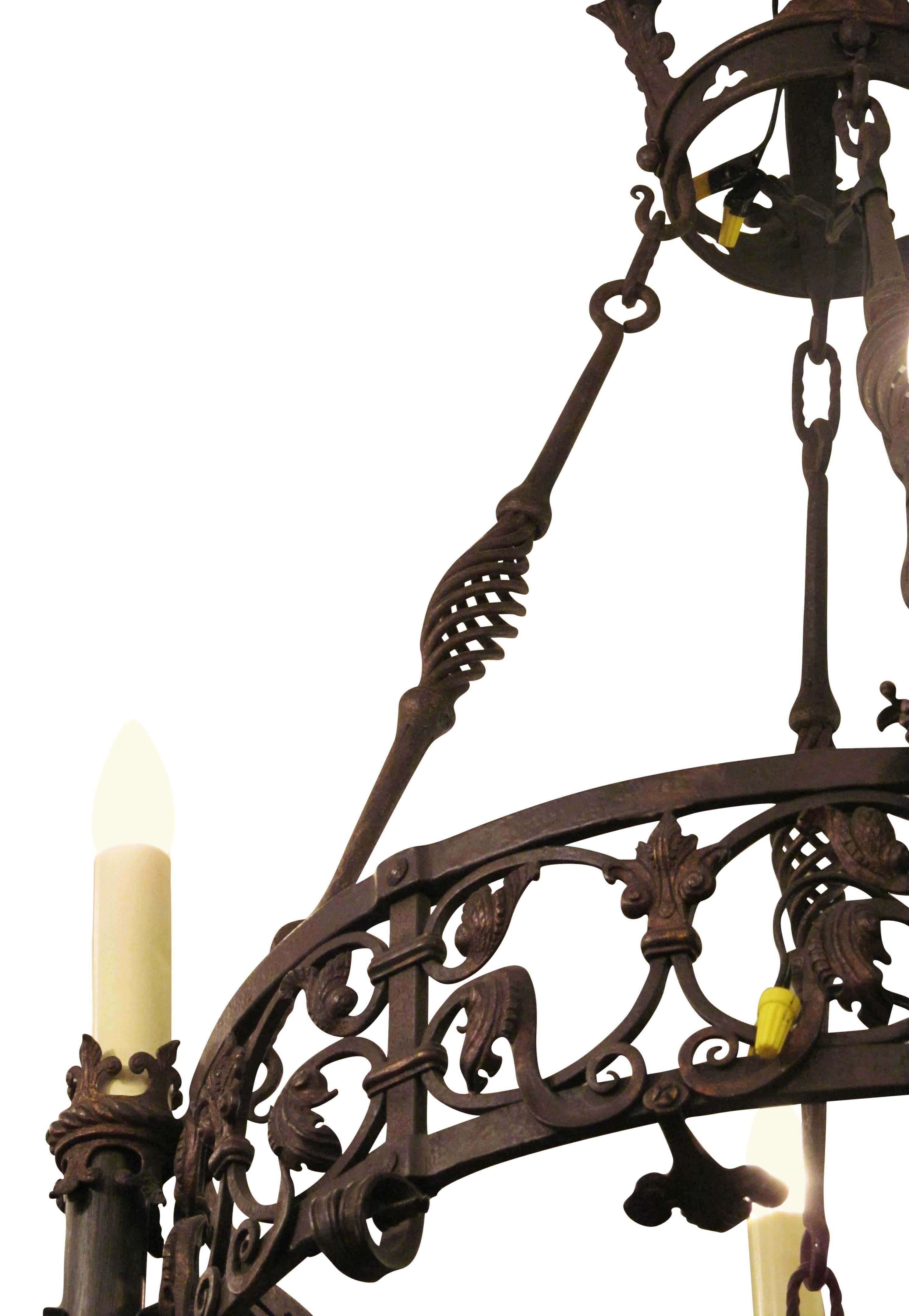 1920s Wrought Iron Four-Light Chandelier with Spirals and Hand Tooled Designs In Excellent Condition In New York, NY