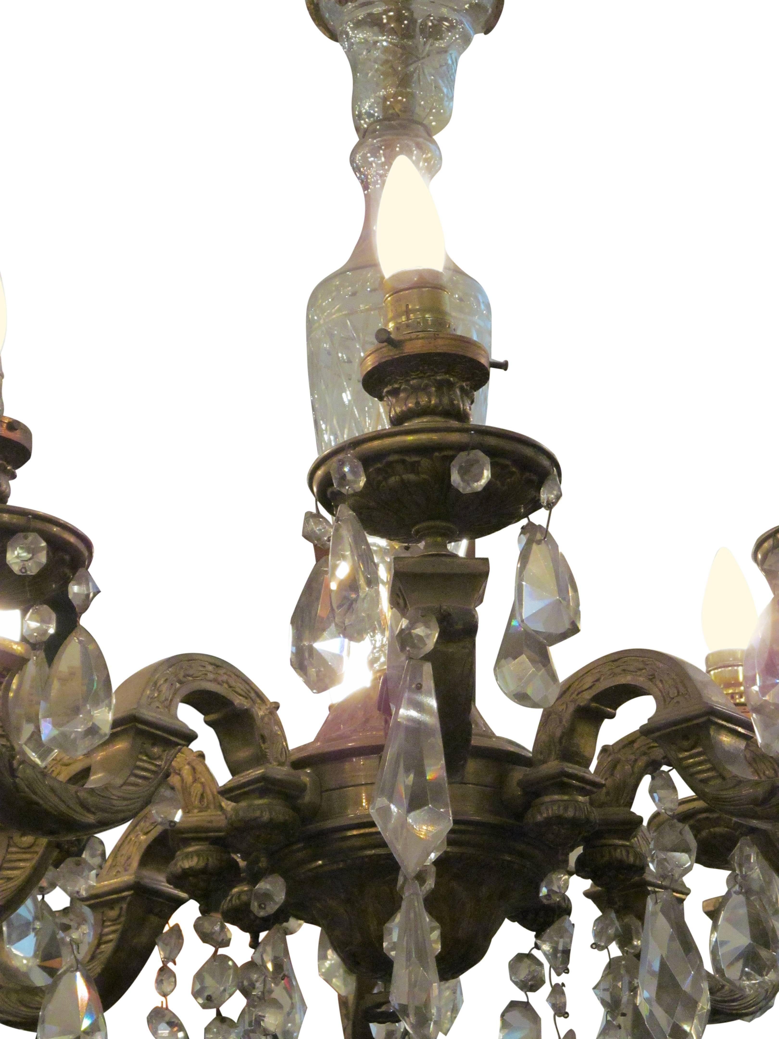 Victorian 1920s Eight-Arm Ornate Crystal and Bronze Chandelier