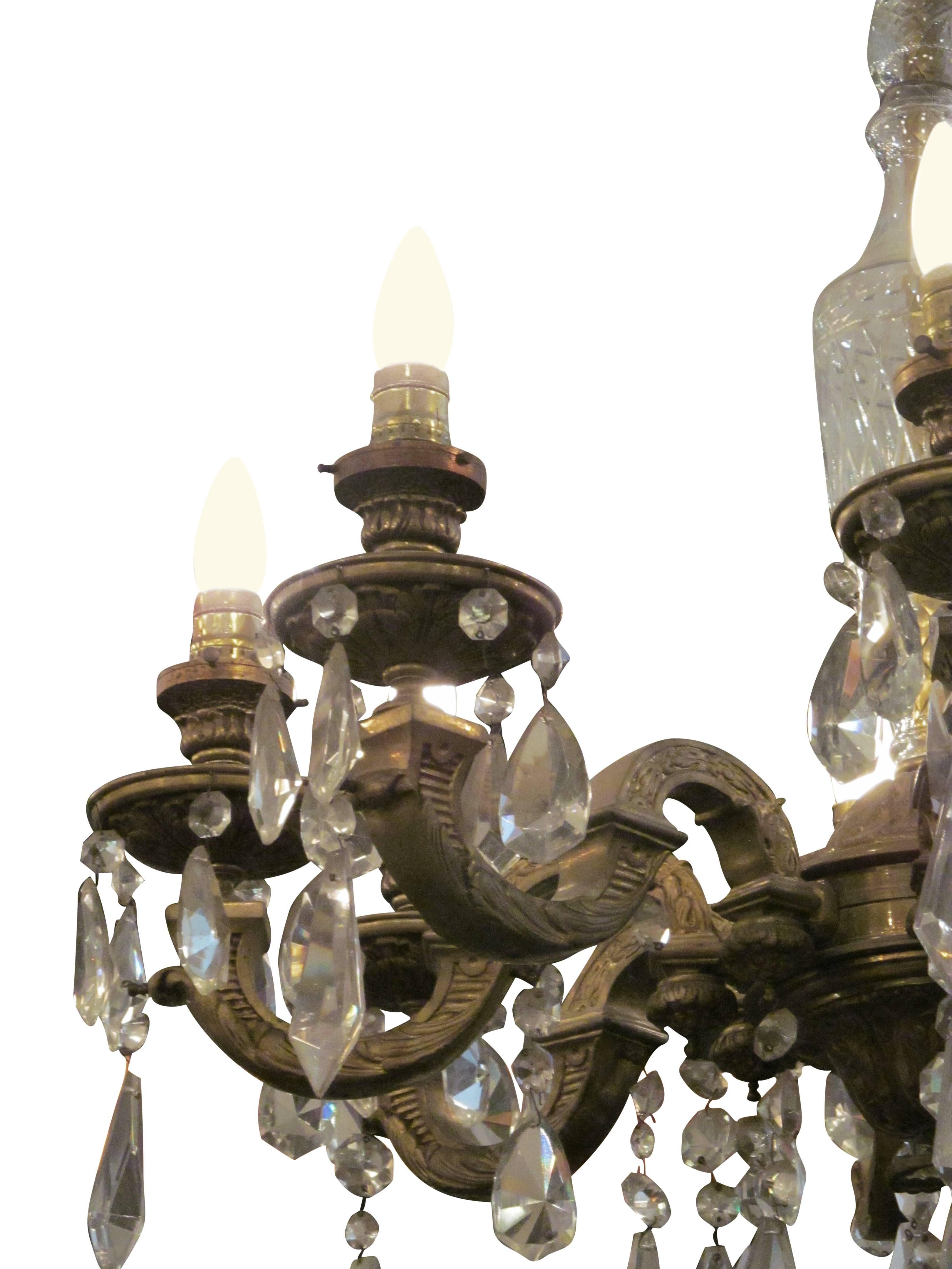 American 1920s Eight-Arm Ornate Crystal and Bronze Chandelier