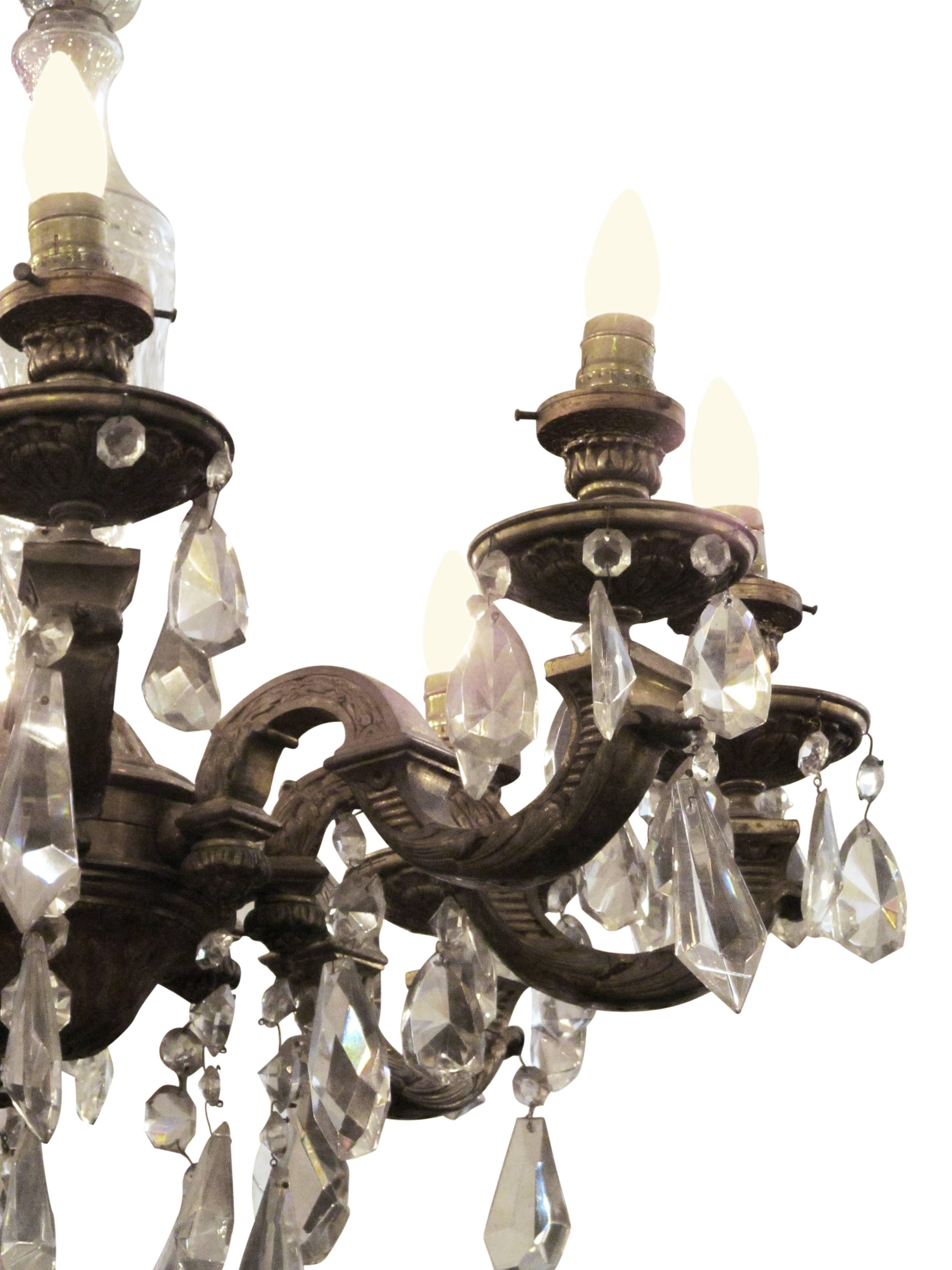 1920s Eight-Arm Ornate Crystal and Bronze Chandelier In Good Condition In New York, NY