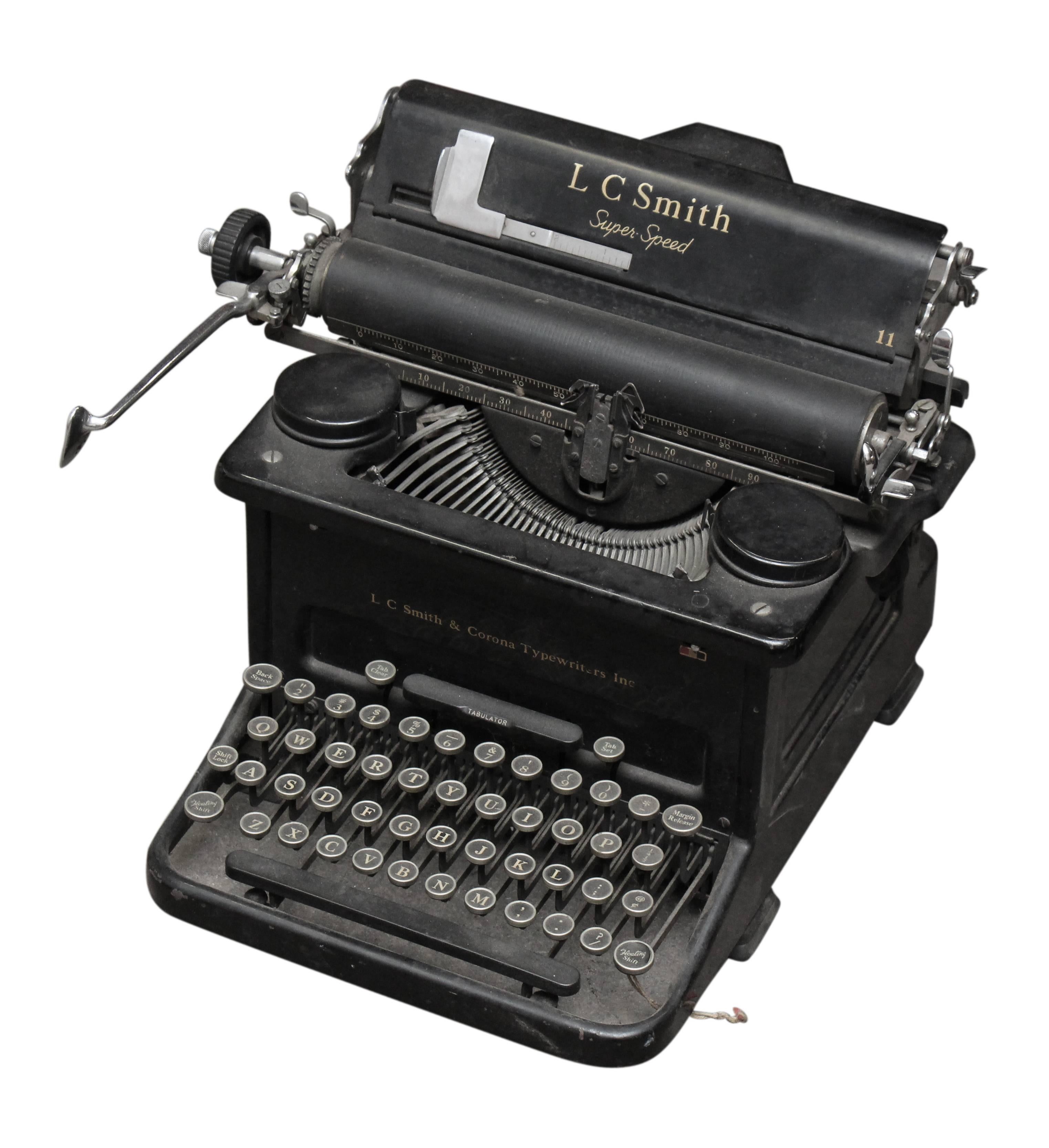 Fabulous antique typewriter. Made by L.C. Smith & Corona Inc. in 1938. This is the super speed model. This item can be seen at our 302 Bowery location in Manhattan.