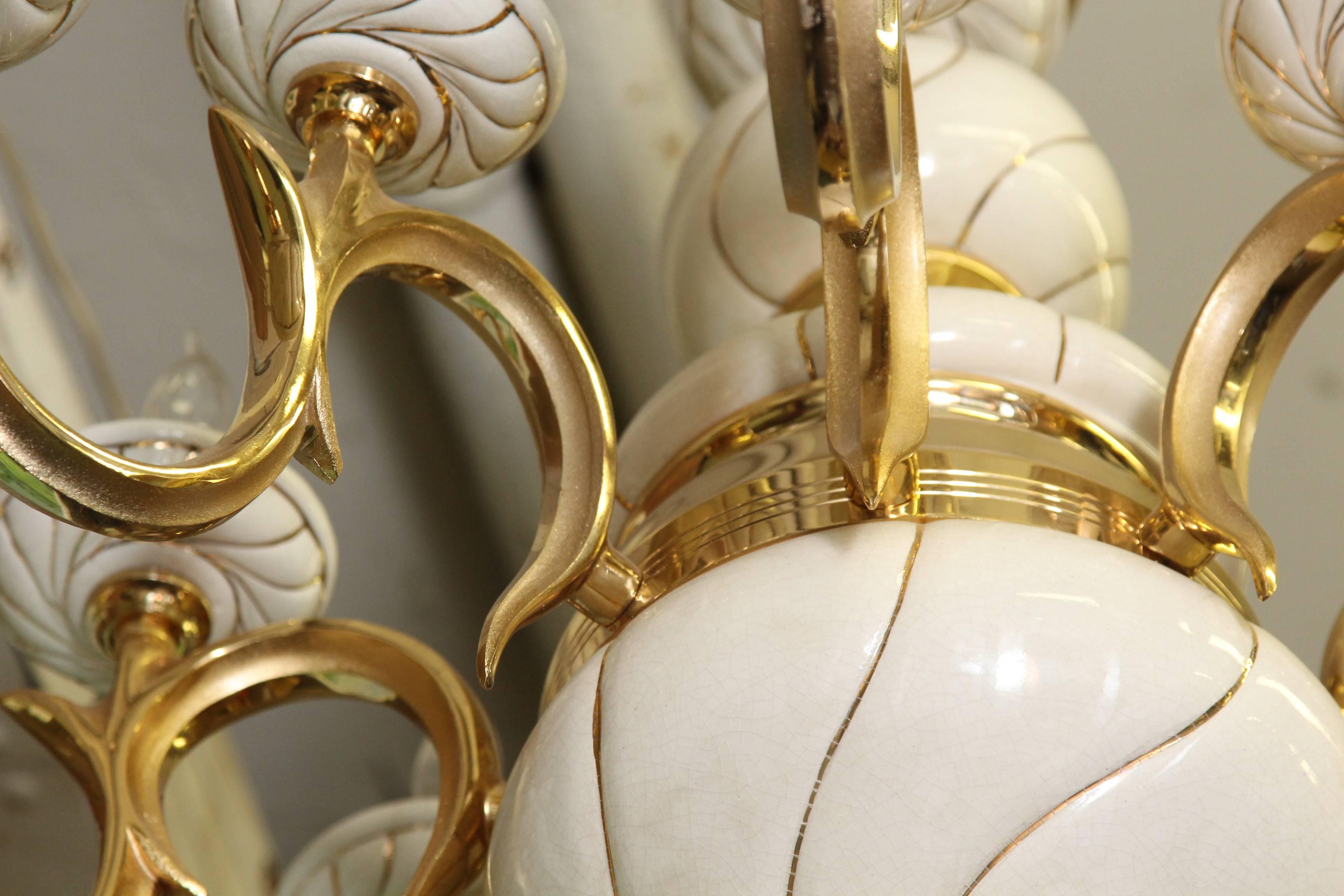 Mid-20th Century 1960s Italian White Porcelain and Brass Sixteen-Light Eight-Arm Chandelier
