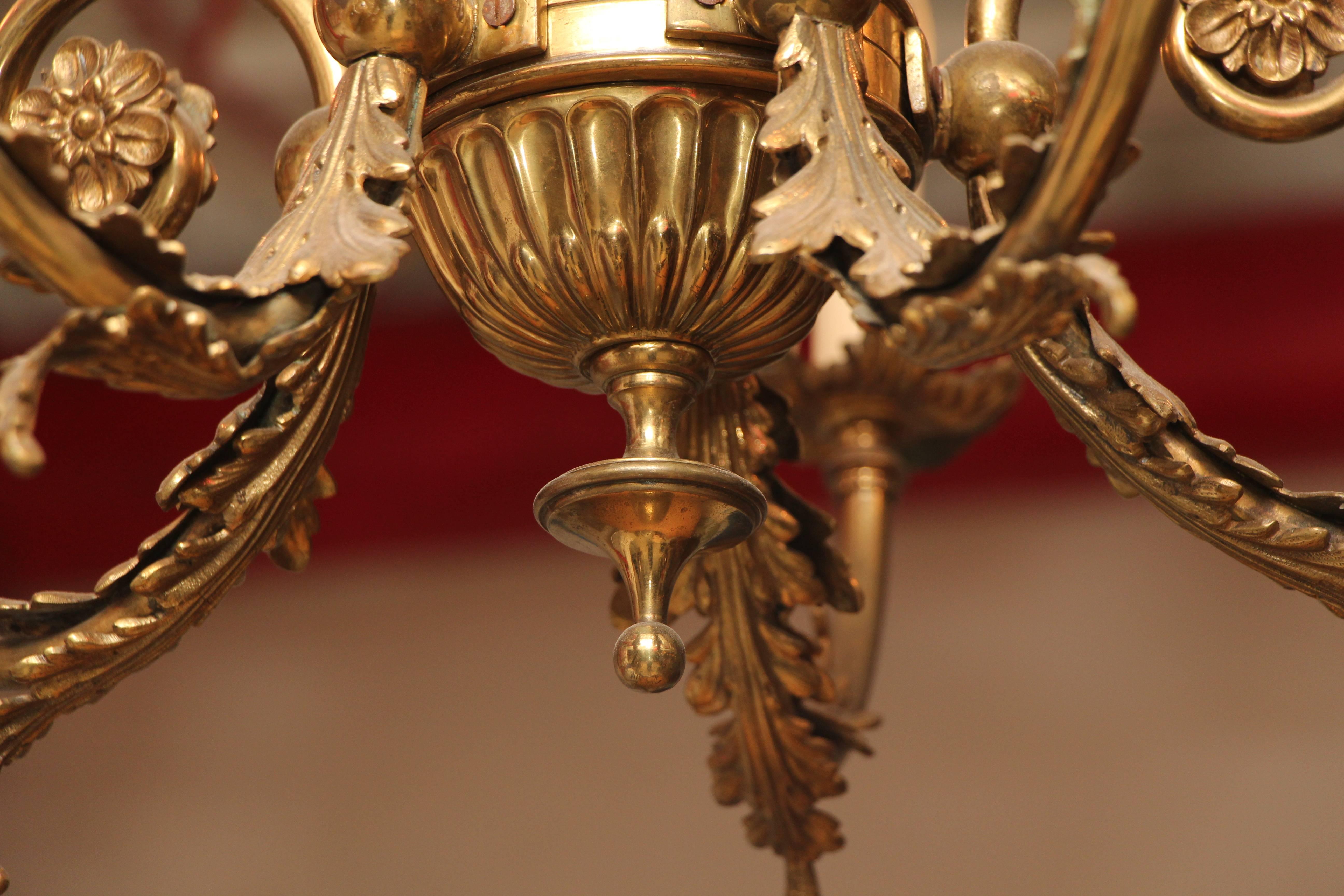Early 20th Century 1920s Petite Brass Five-Arm Chandelier with Rosettes and Leaf Details