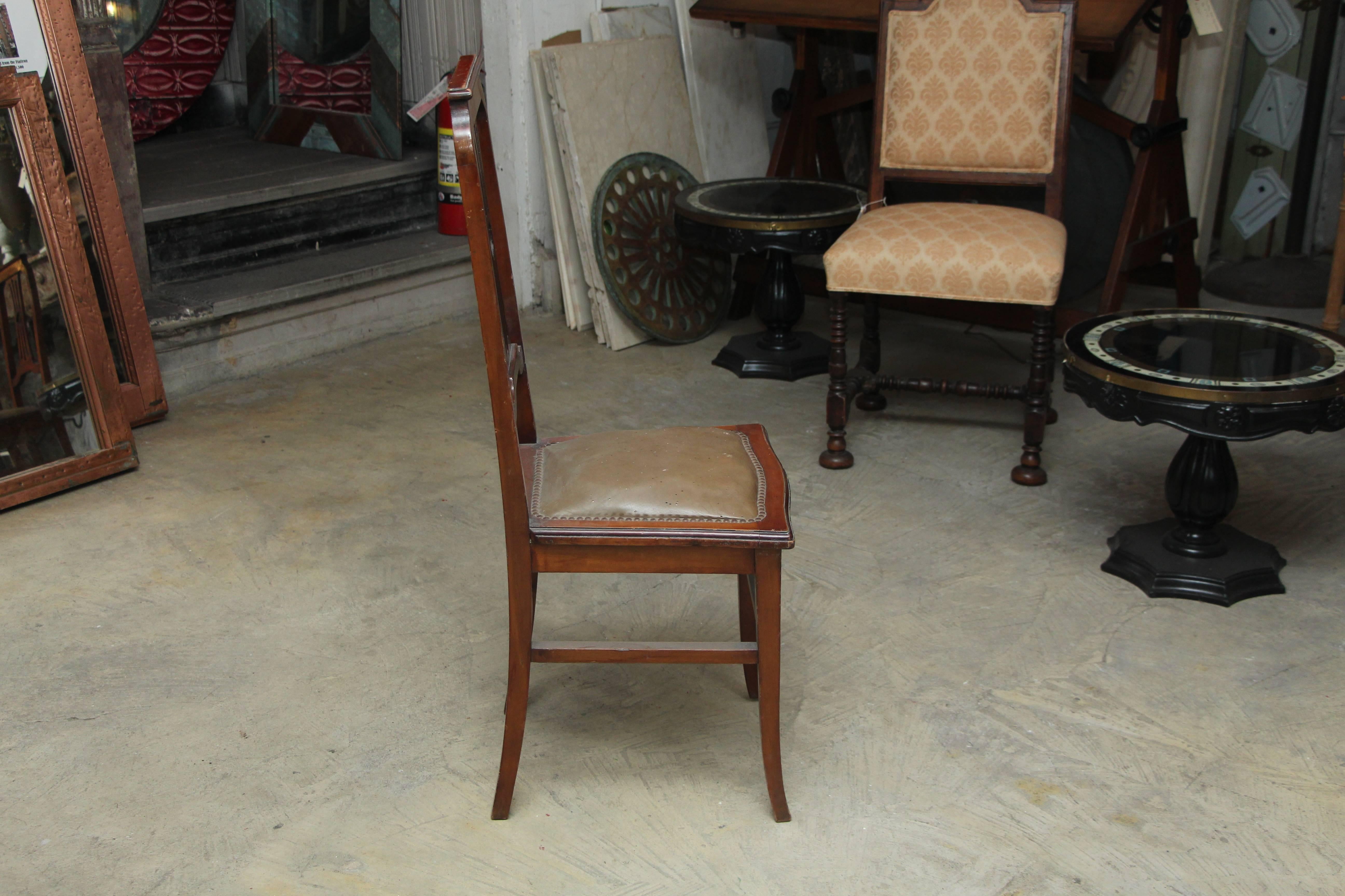 1940s Set of French Tall Lyre Back Carved Wood Dining Chairs with Leather Seat 2