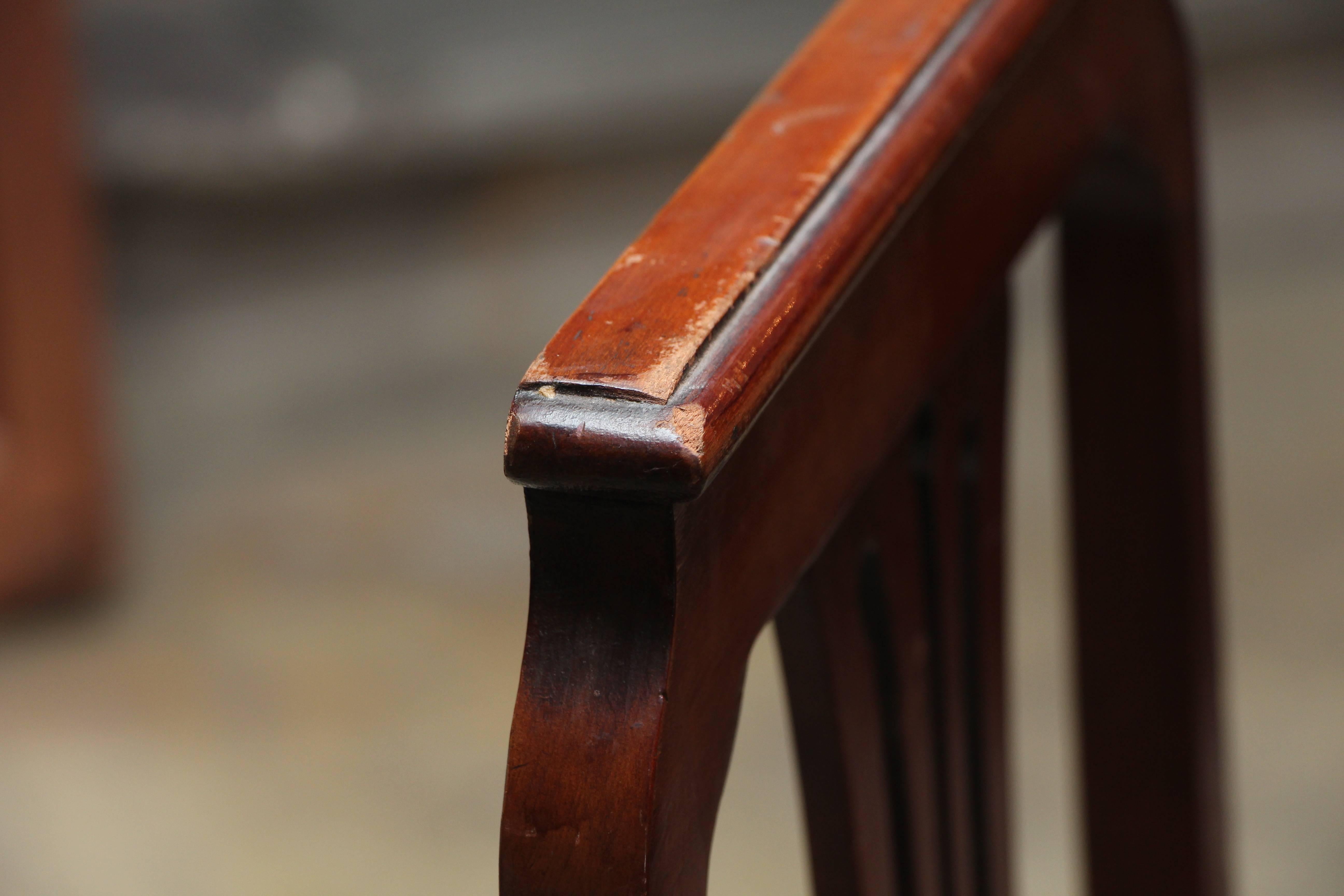 1940s Set of French Tall Lyre Back Carved Wood Dining Chairs with Leather Seat 1