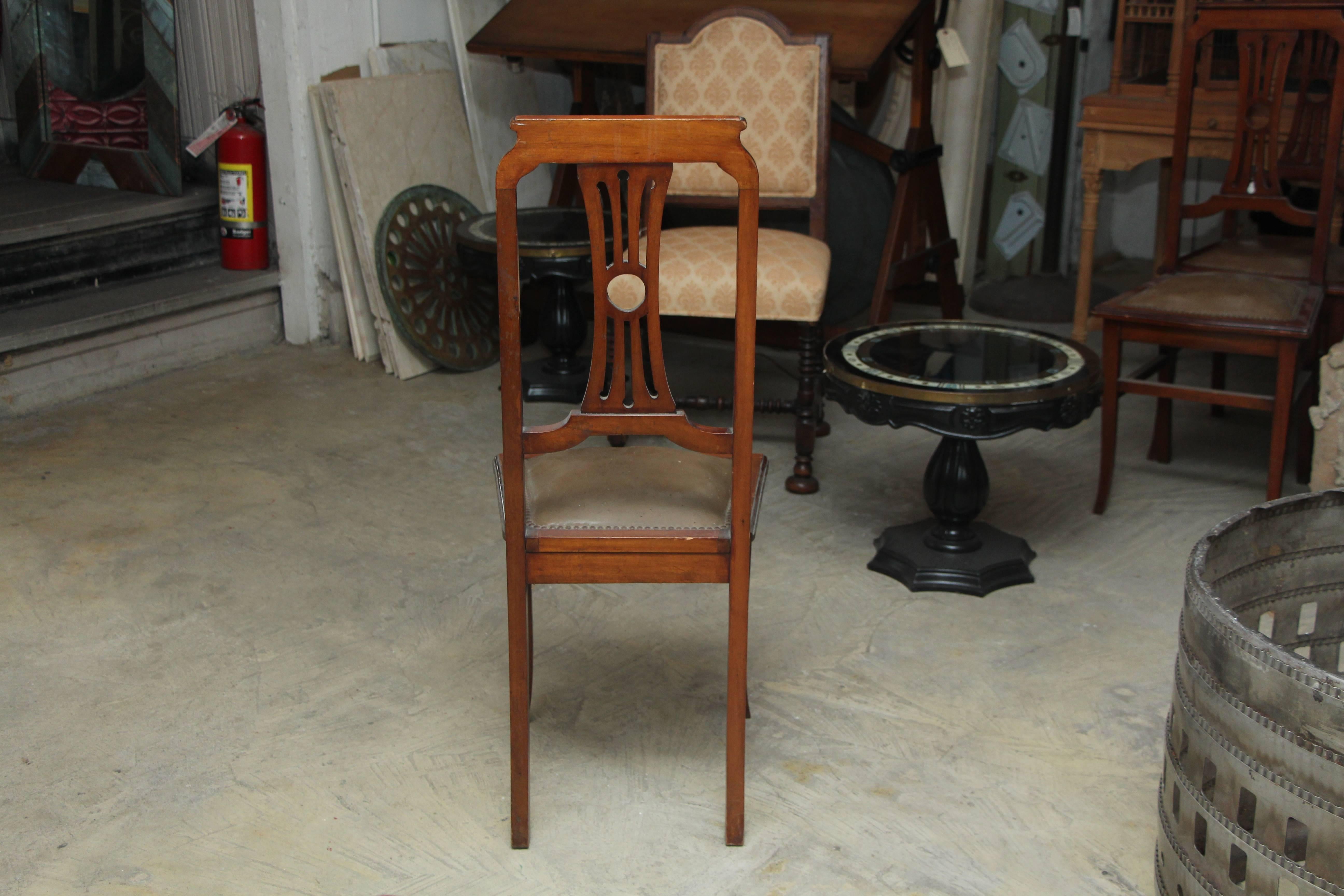 1940s Set of French Tall Lyre Back Carved Wood Dining Chairs with Leather Seat 3