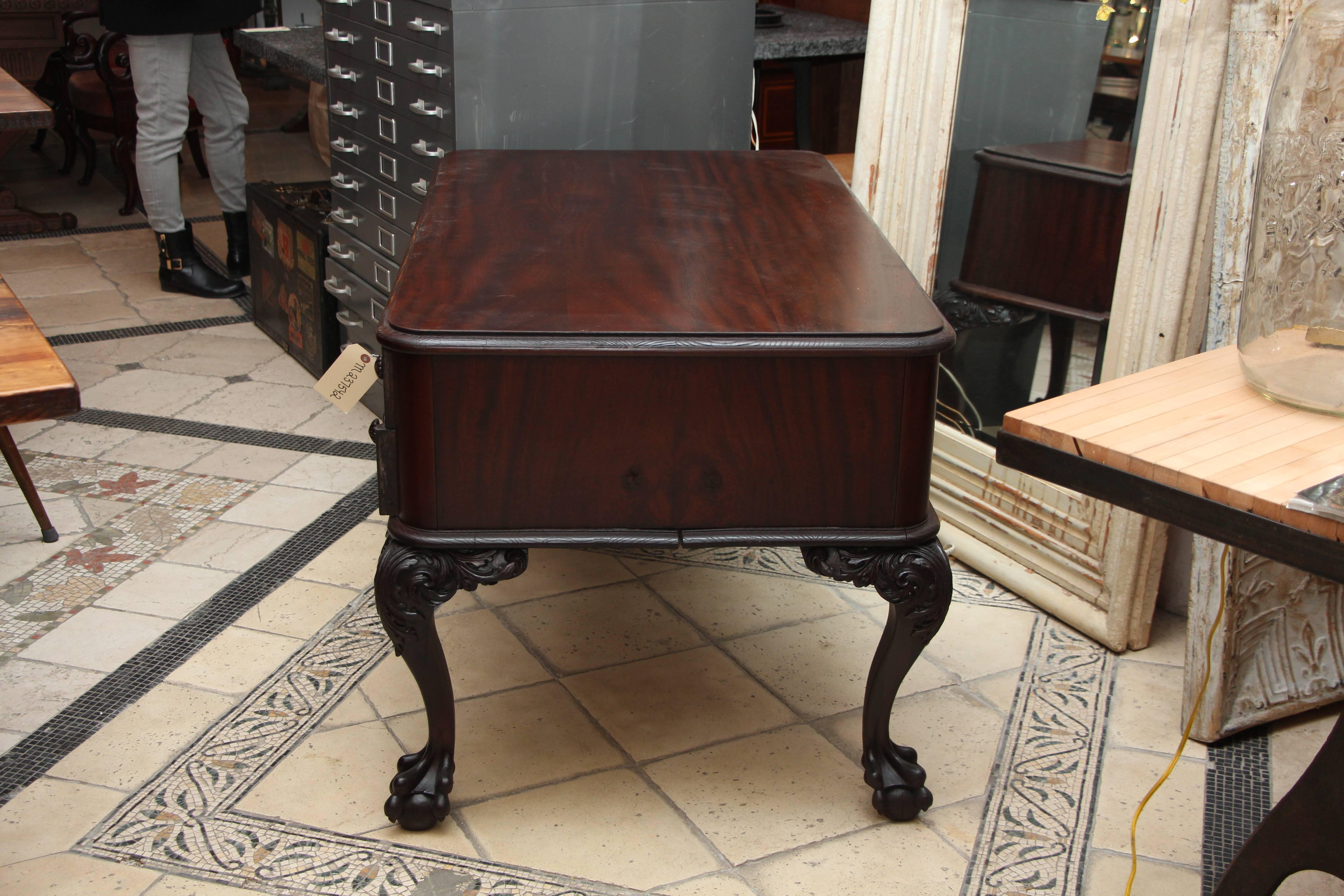 1910s Petite Flame Mahogany Carved Desk with Claw Feet 4