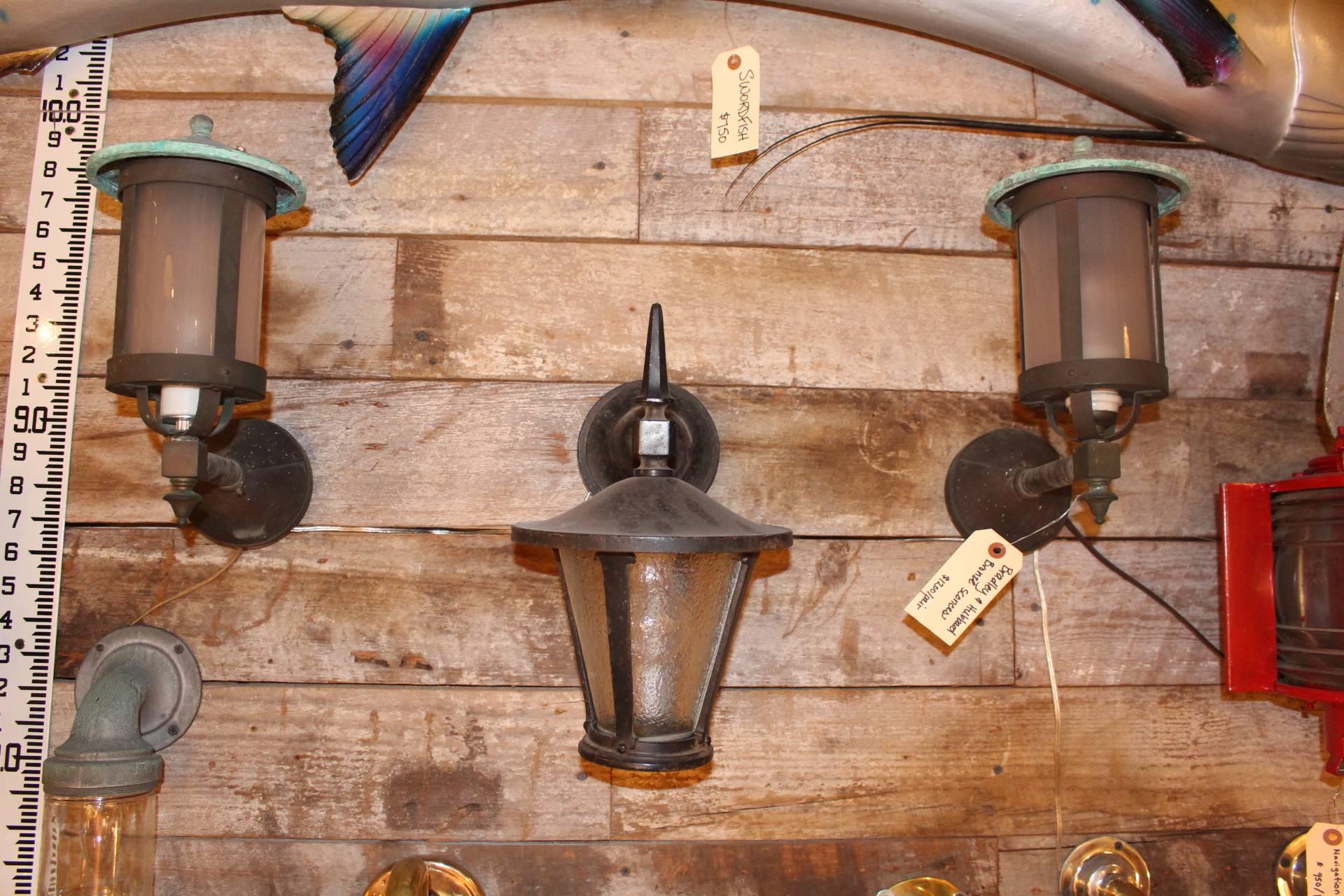 American 1930s Pair of Signed Bradley and Hubbard Black Copper Lantern Exterior Sconces