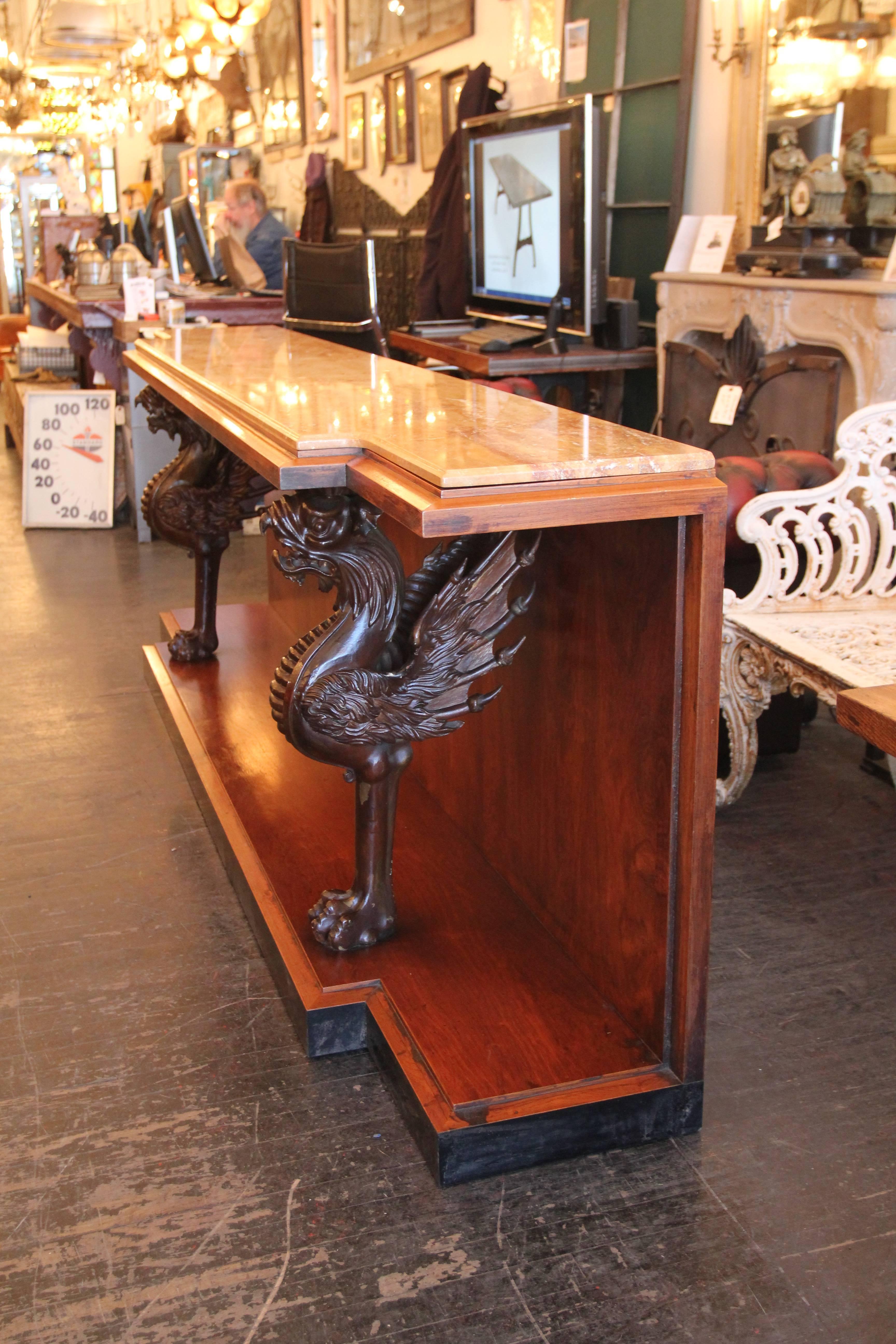 1980s Walnut Console Table with Marble Top and Antique Carved Wood Griffins 2