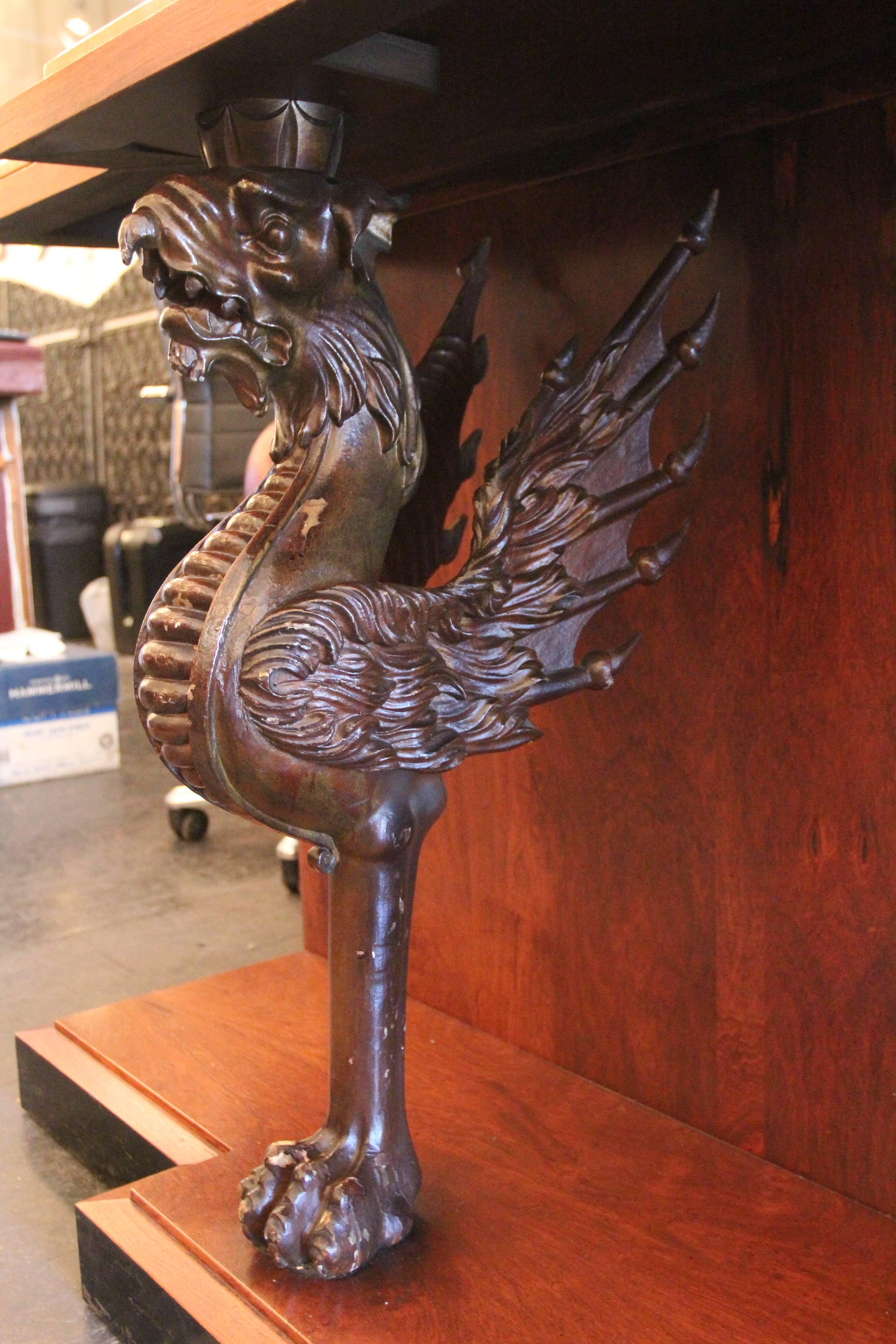 Late 20th Century 1980s Walnut Console Table with Marble Top and Antique Carved Wood Griffins