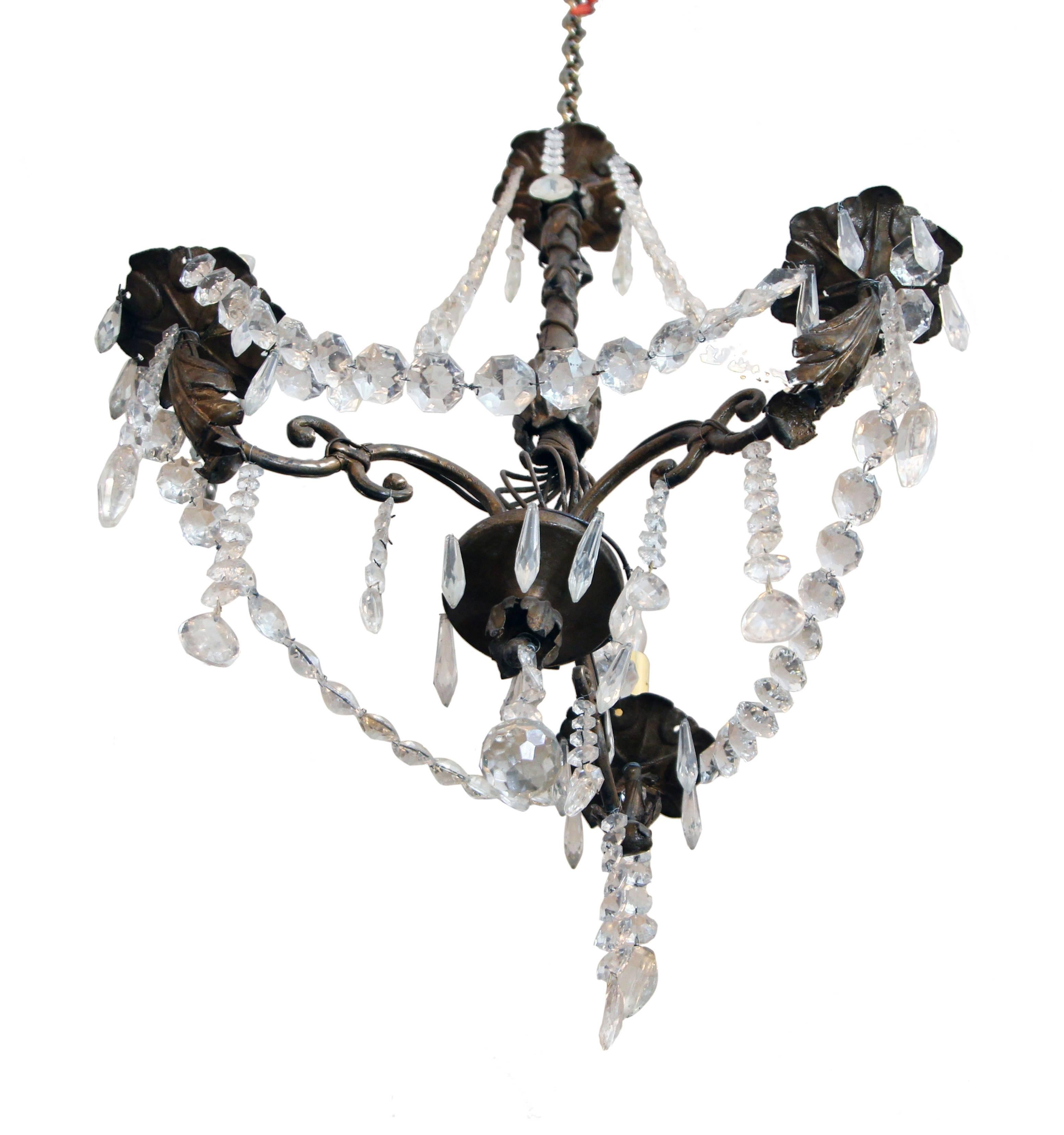 3 Arm Marie Theresa Bronze Floral Chandelier Crystal Beaded For Sale 2