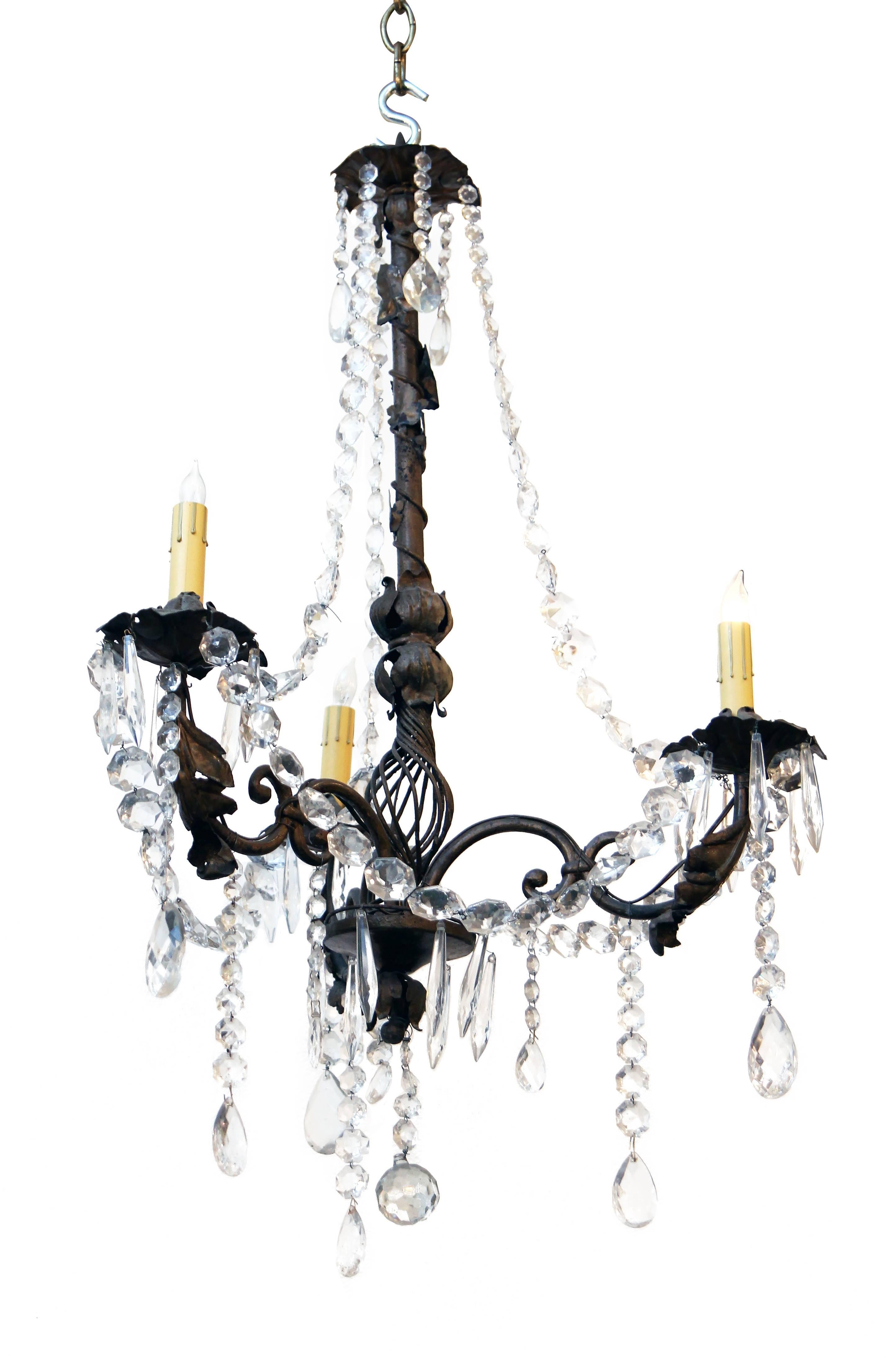 French 3 Arm Marie Theresa Bronze Floral Chandelier Crystal Beaded For Sale