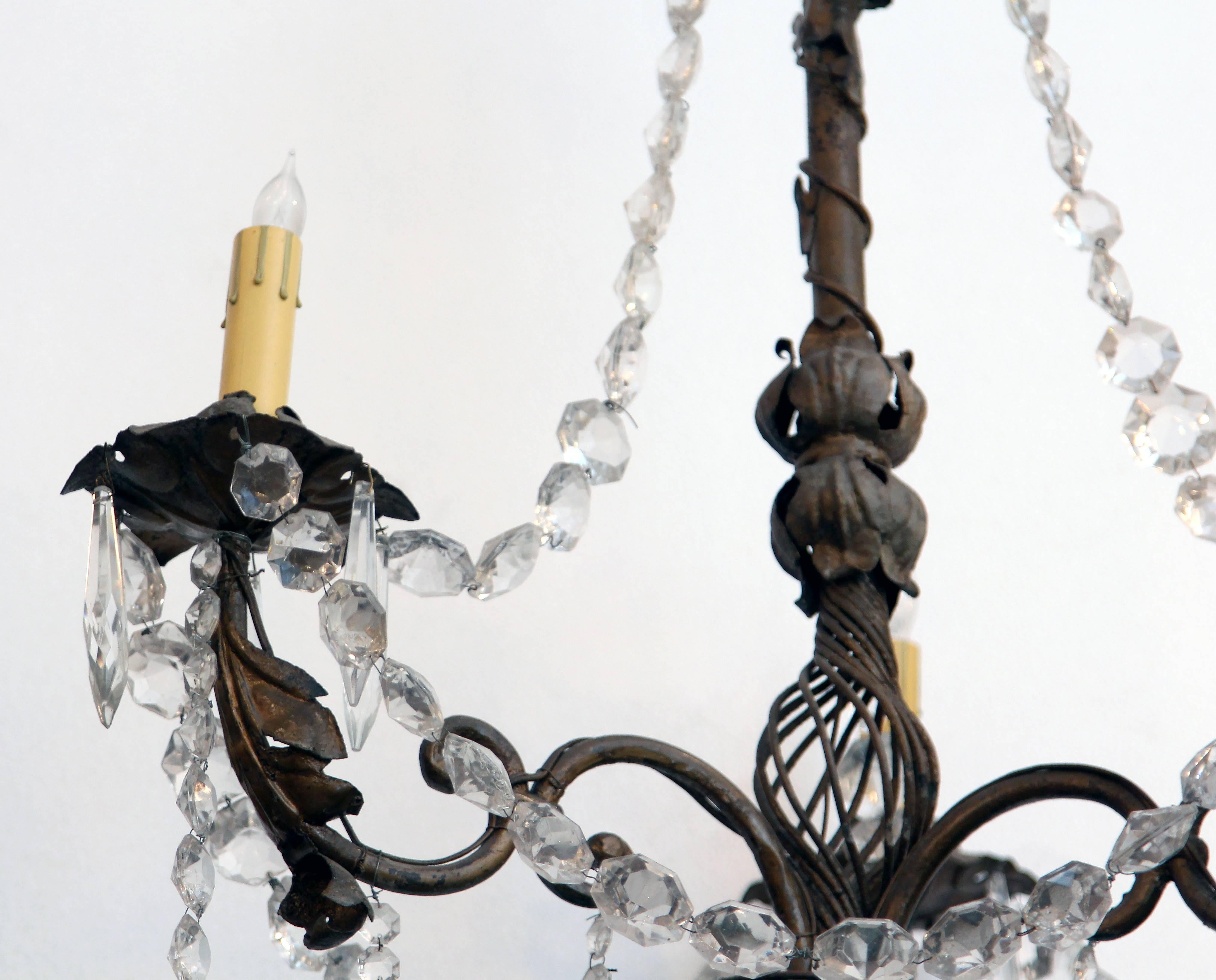 Mid-20th Century 3 Arm Marie Theresa Bronze Floral Chandelier Crystal Beaded For Sale