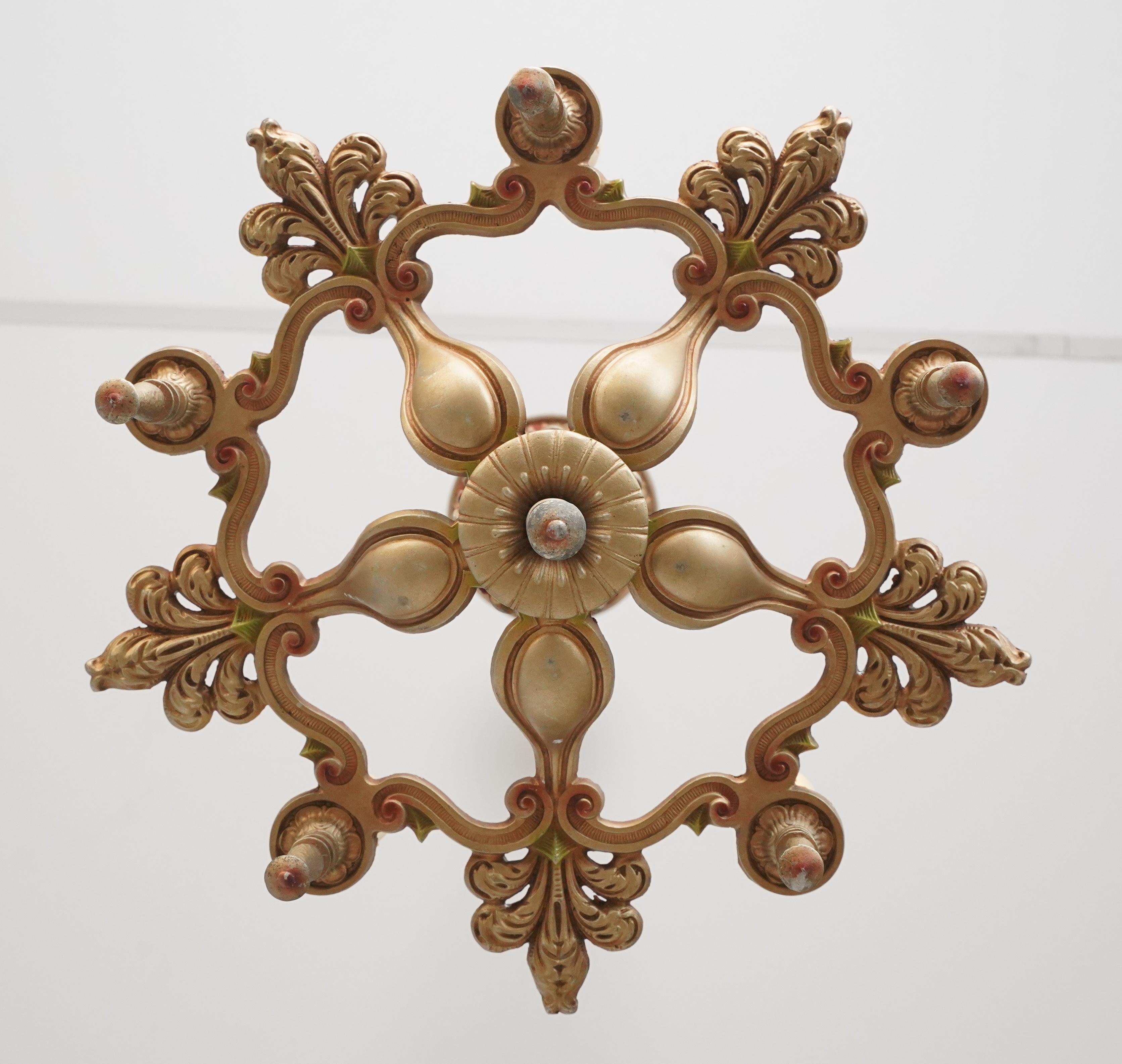 Metal Rewired Brass 5 Arm Ornate Chandelier For Sale