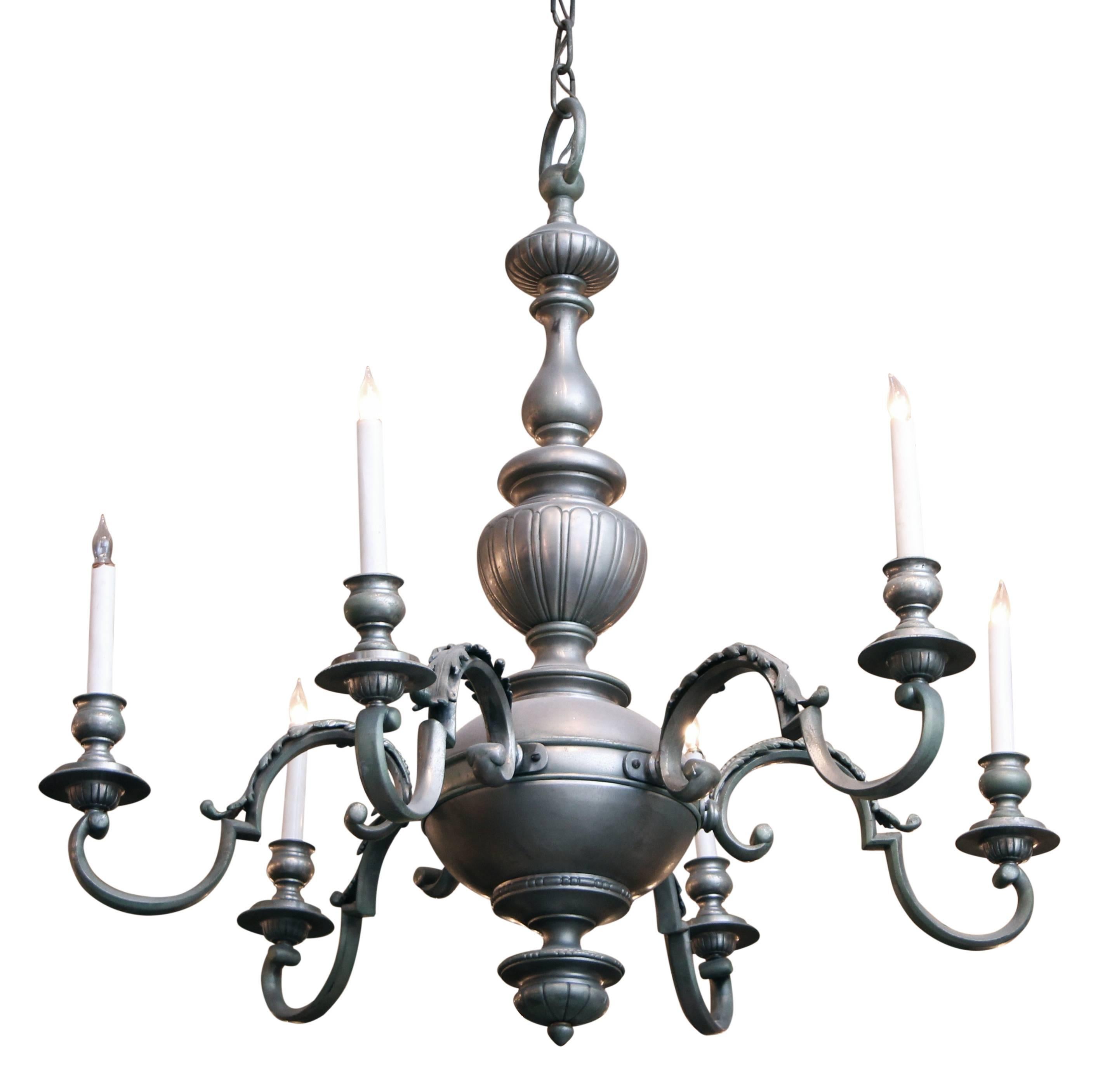 1940s six-arm nickel over bronze chandelier. This item can be viewed at our 5 East 16th St, Union Square location in Manhattan.