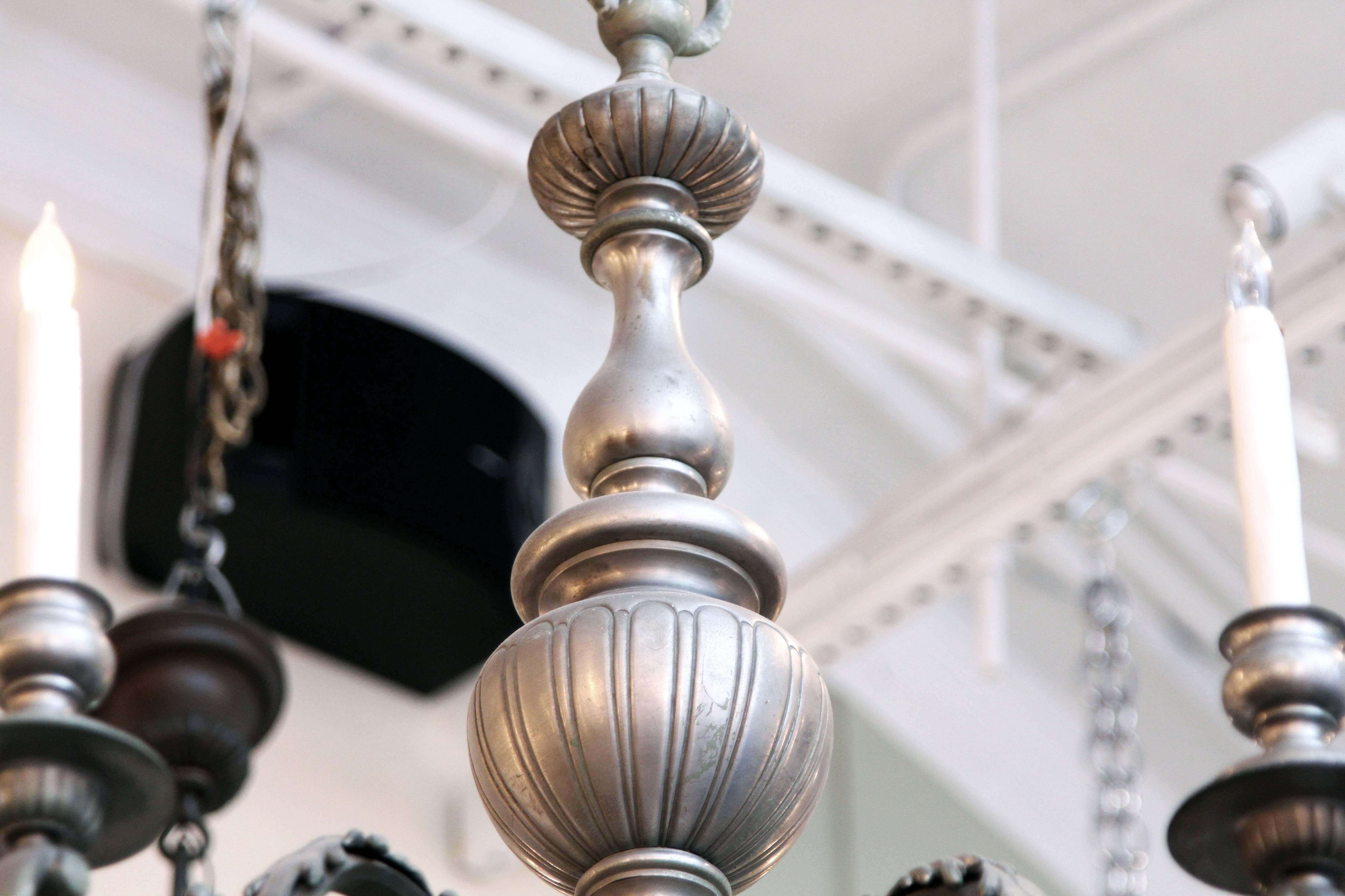 1940s Six-Arm Nickel Over Bronze Chandelier In Excellent Condition In New York, NY