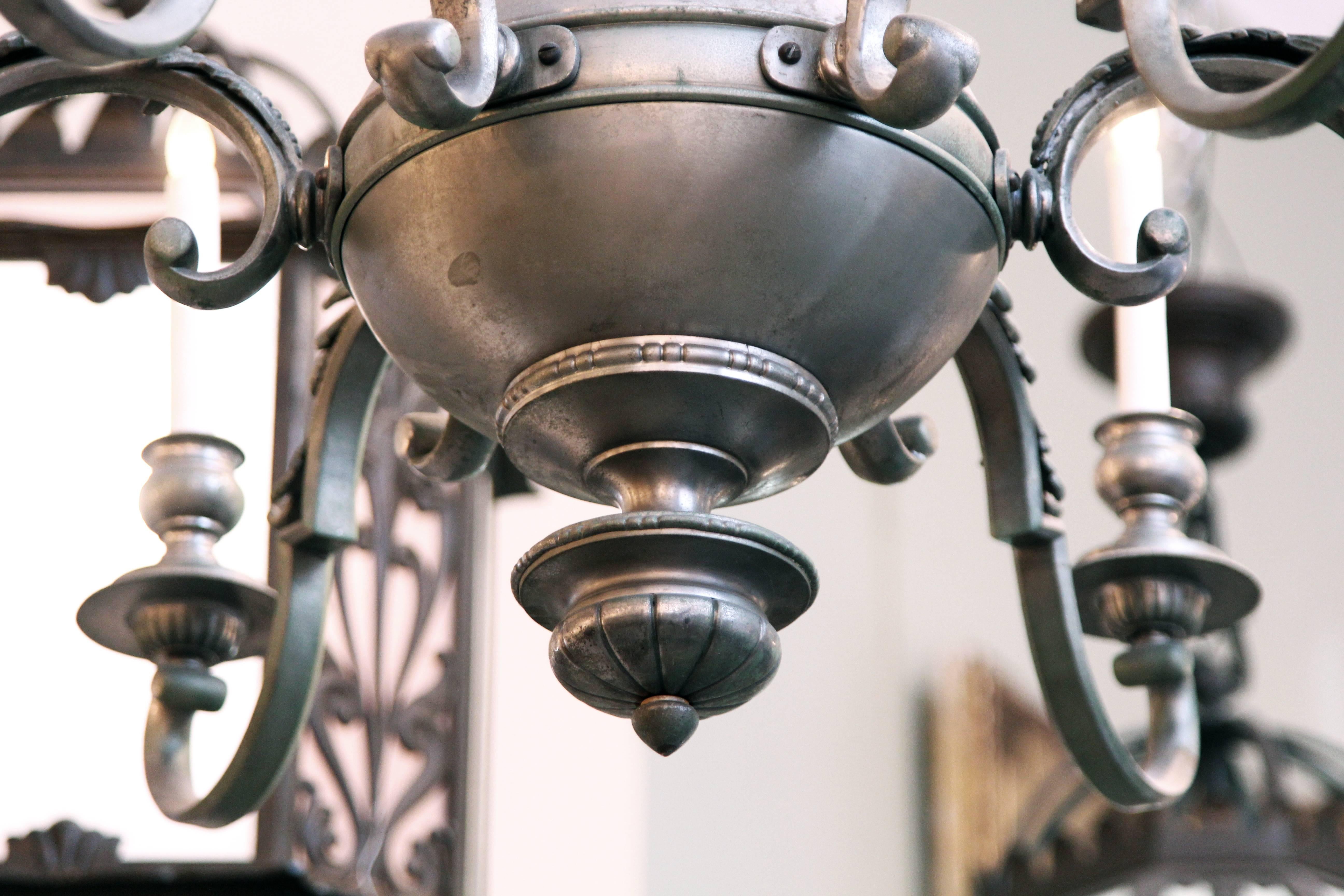 1940s Six-Arm Nickel Over Bronze Chandelier 1