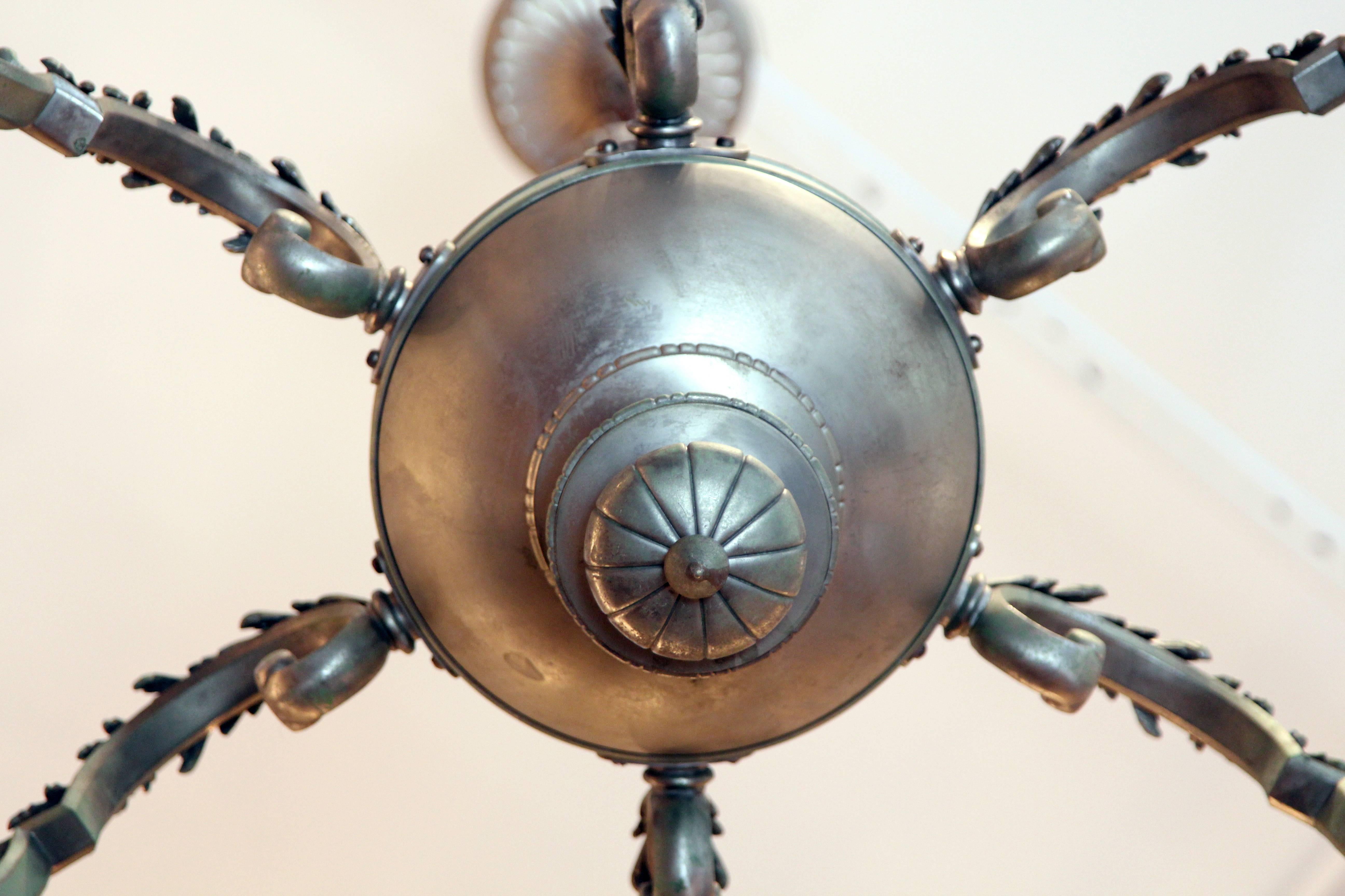 1940s Six-Arm Nickel Over Bronze Chandelier 4