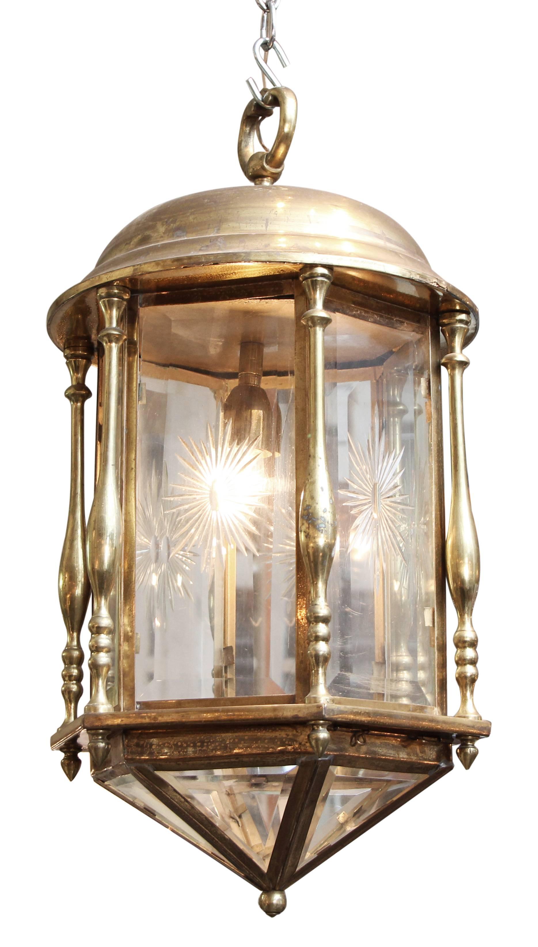 American 1950s Brass Lantern with Etched and Beveled Glass