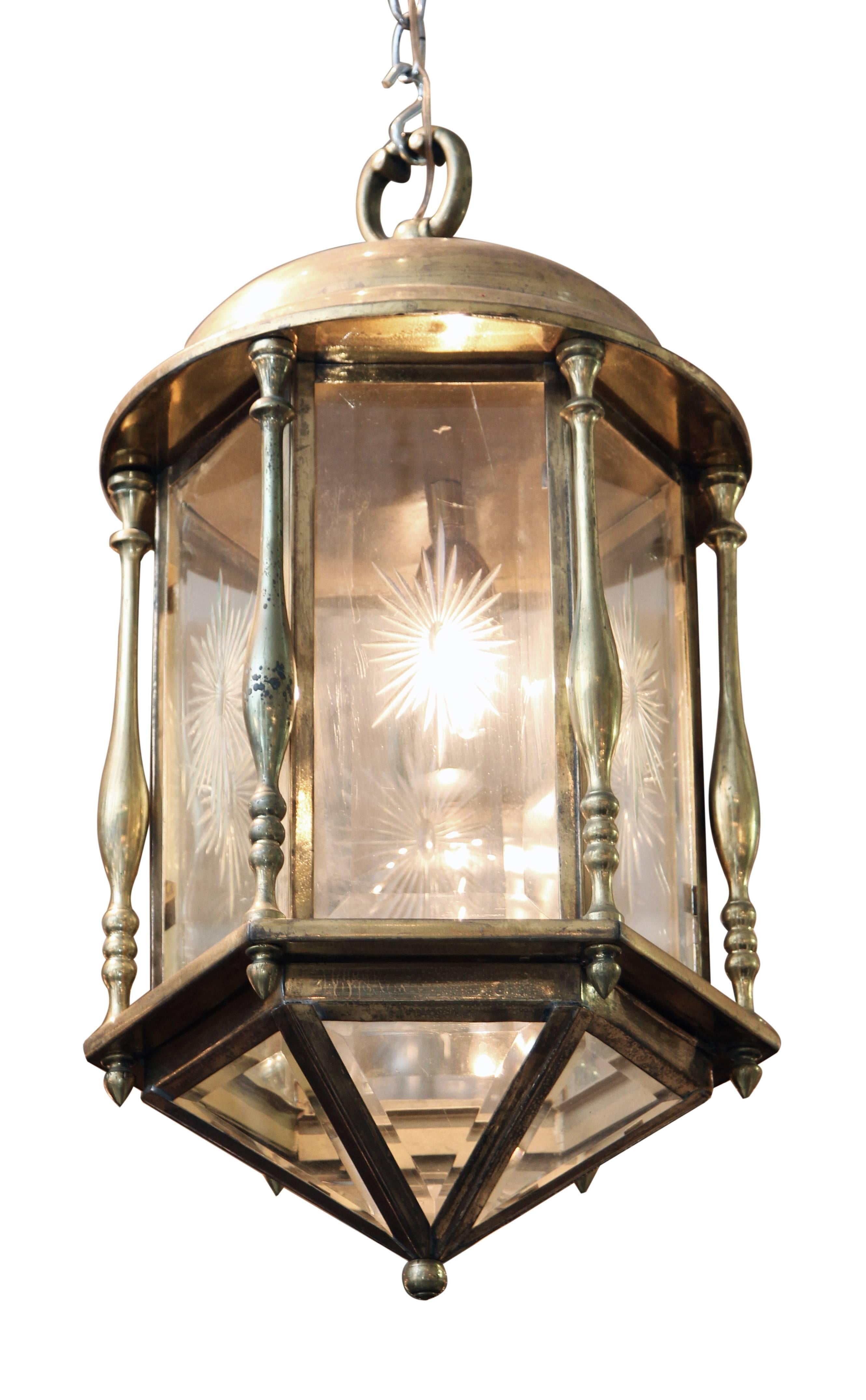 1950s brass etched lantern with beveled glass. This can be seen at our 5 East 16th St location on Union Square in Manhattan.