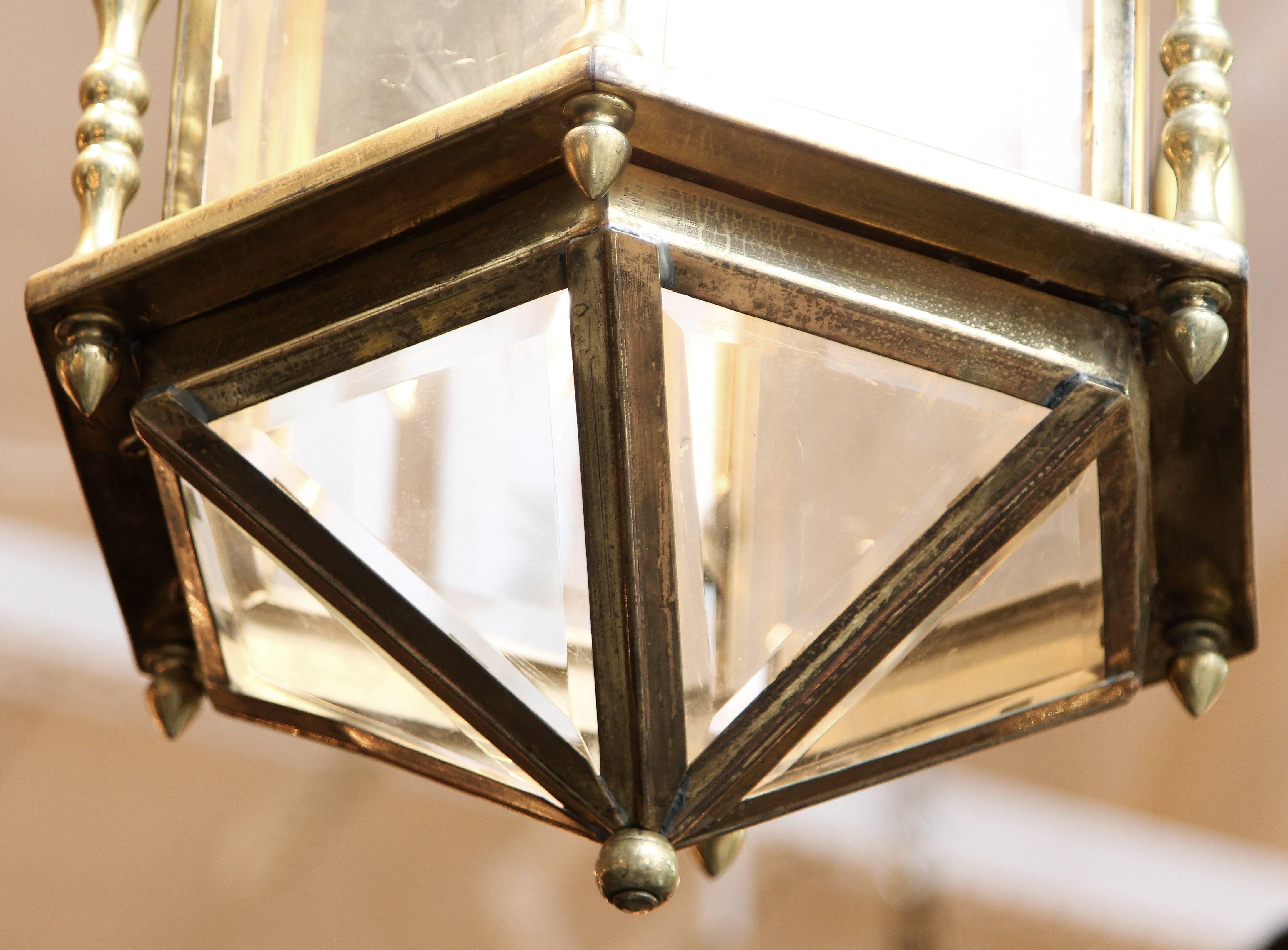 1950s Brass Lantern with Etched and Beveled Glass 4