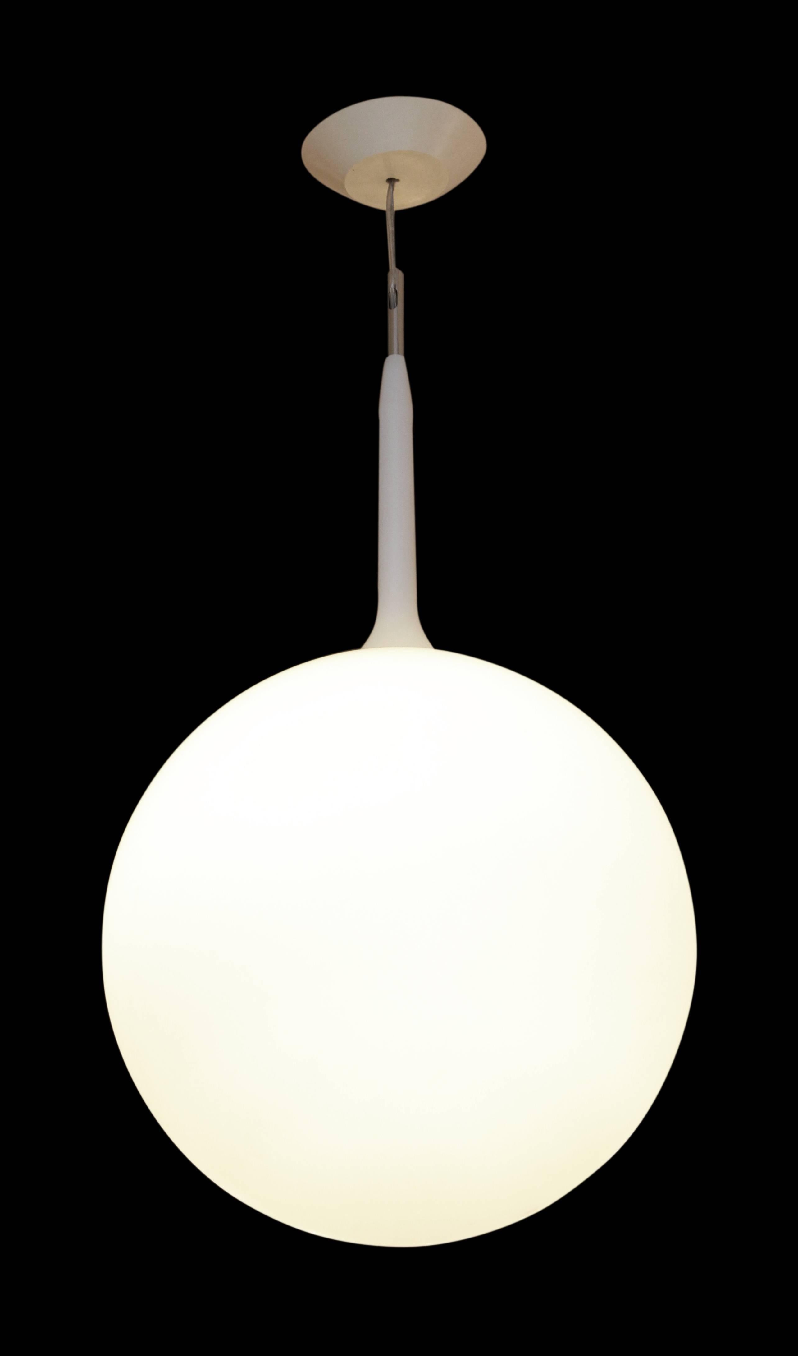 2004 Italian Mid-Century Modern white globe pendant. Several available at time of posting. This can be viewed at one of our New York City locations. Please inquire for the exact address.