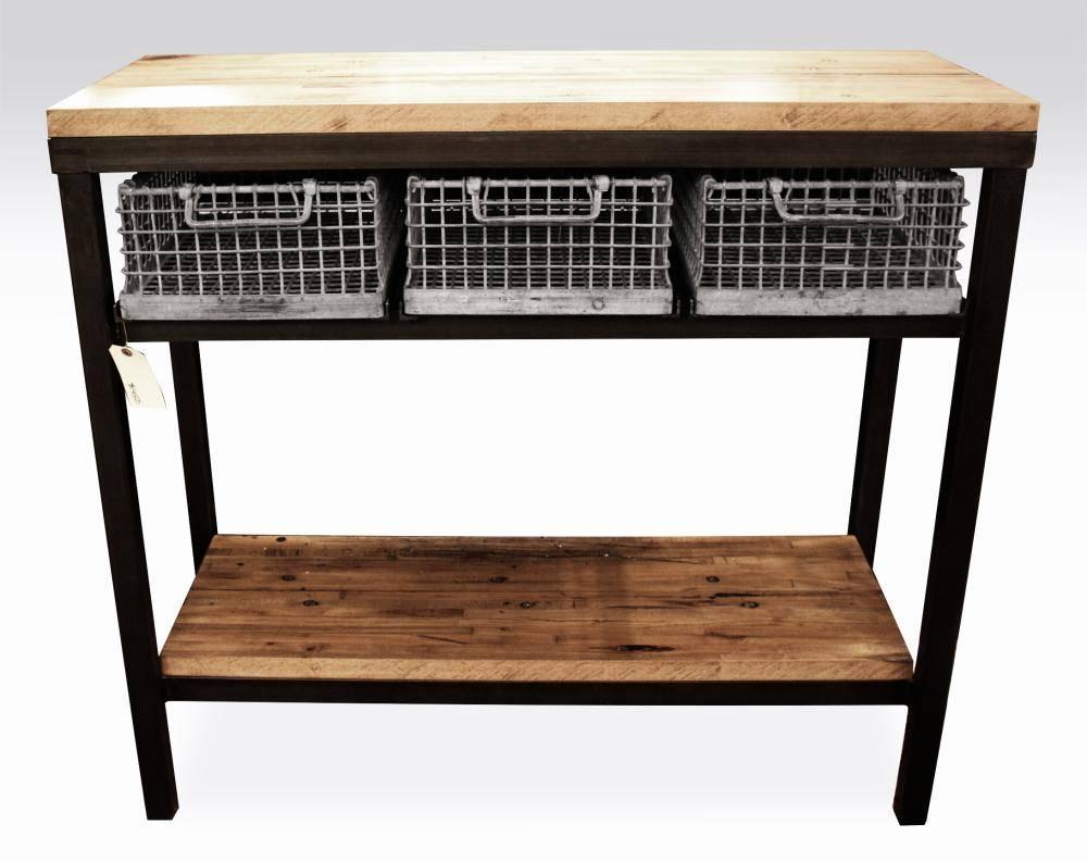 Industrial console table with galvanized baskets and butcher block flooring top. Finished with our reclaimed Industrial wood flooring on both the top and lower shelf. 

Allow 11-12 weeks manufacturing lead time. Other sizes available. Please note