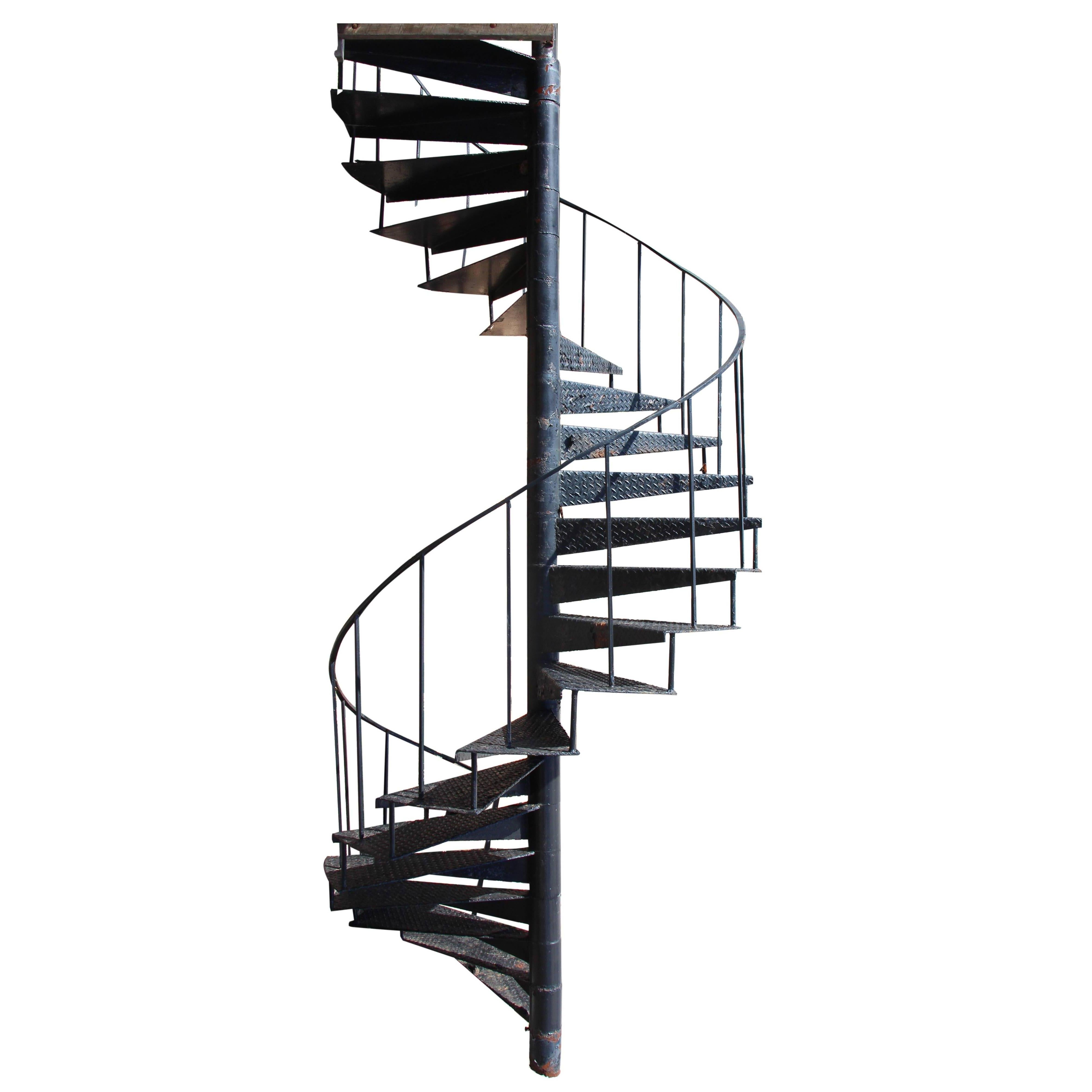 Industrial Cast Iron Spiral Staircase with 22 Diamond Pattern Steps and Pole