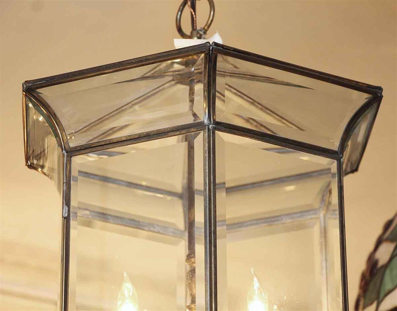 Nickel-plated lantern pendant with six beveled glass and eight lights. This can be viewed at one of our New York City locations. Please inquire for the exact address.