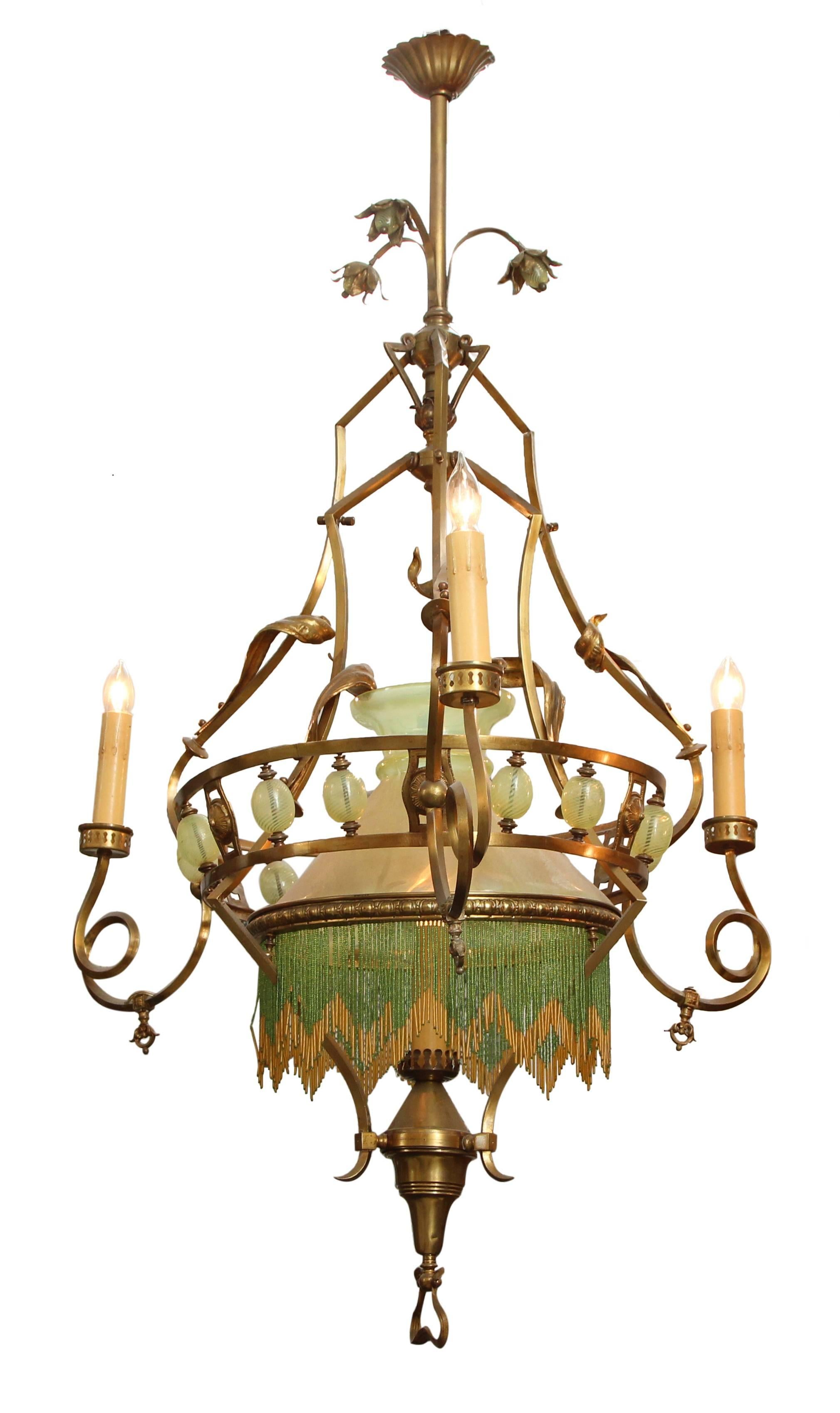 Formerly oil or gas, completely restored and rewired 19th century Art Nouveau chandelier. This can be seen at our 5 East 16th St. store at Union Square in Manhattan.
