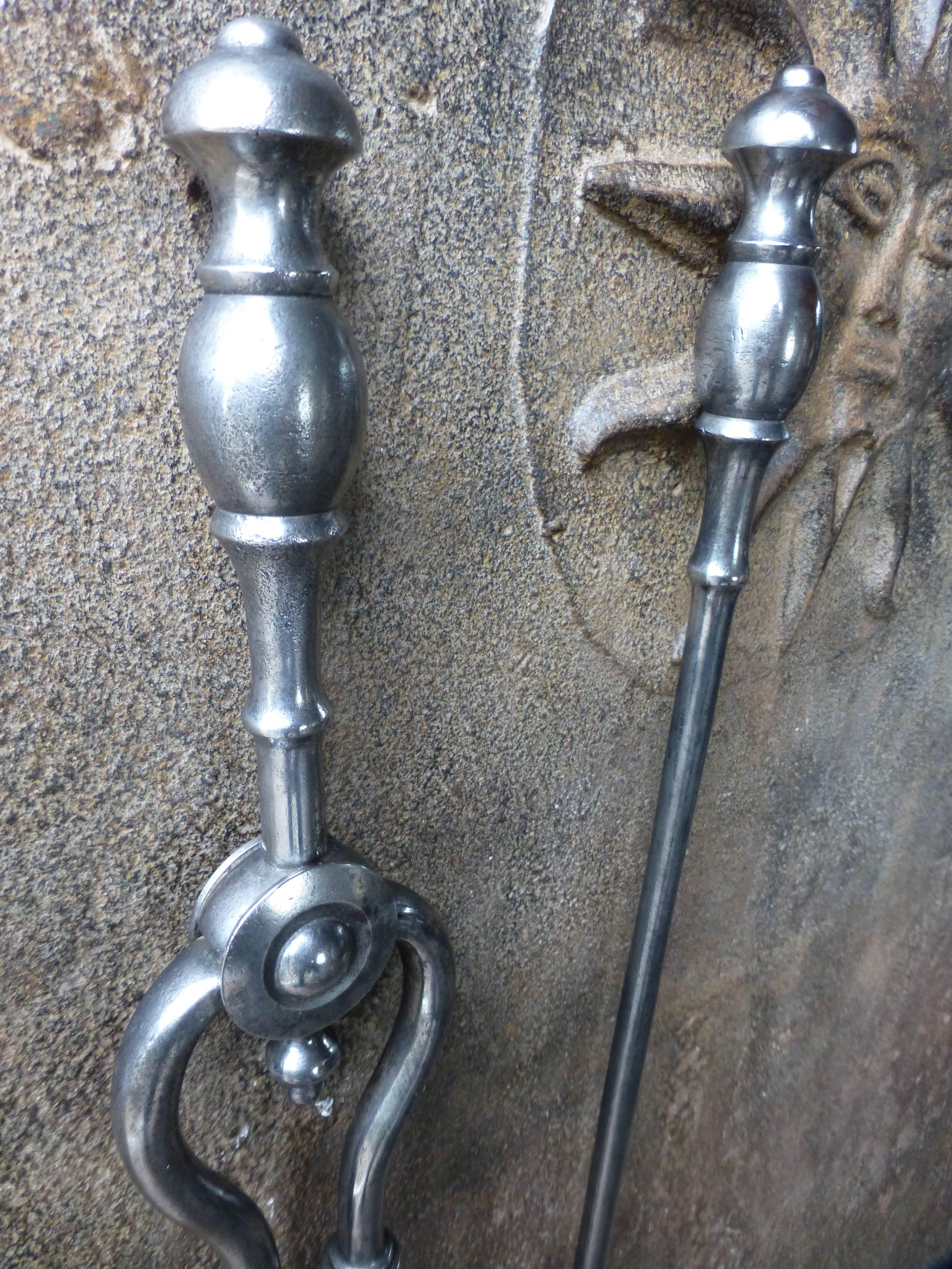 English 19th Century Fireplace Tool Set, Fireplace Tools of Polished Steel