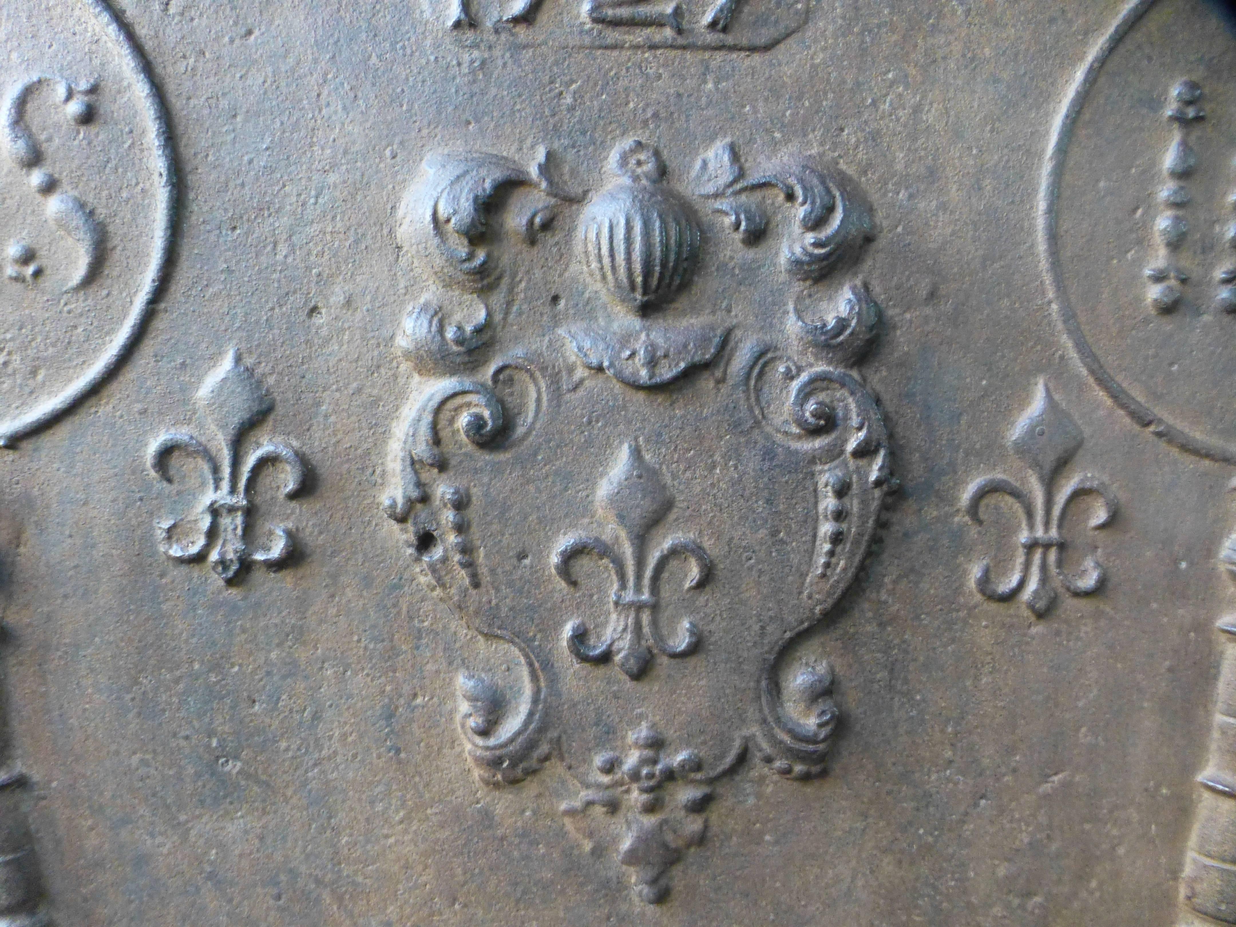 18th Century Antique French Fireback with Coat of Arms and Pillars, Dated 1727